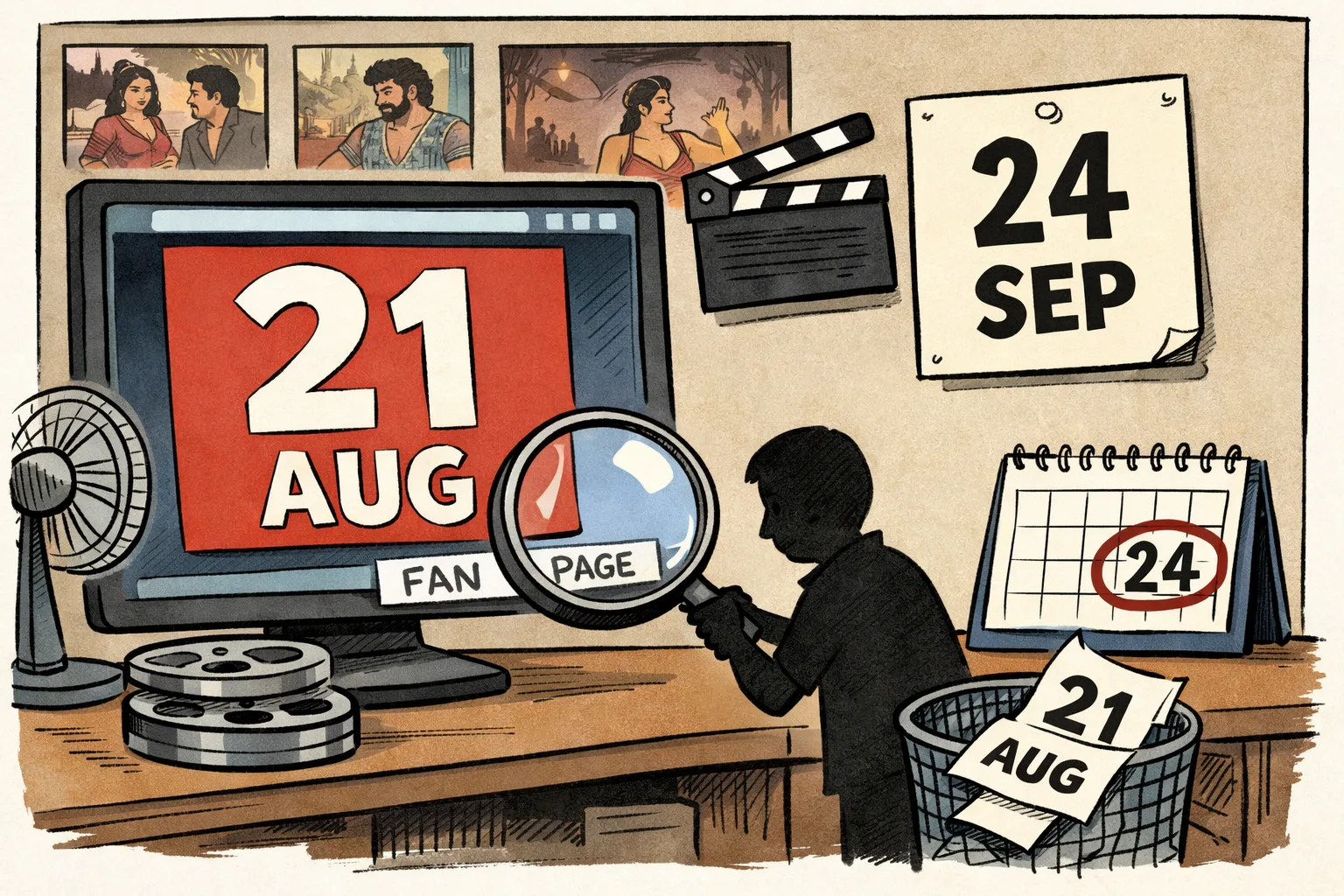 A cartoon film-promotion desk shows a glossy website screen marked “21 AUG” beside a teaser card and calendar marked “24 SEP”; a magnifying glass highlights the screen’s “FAN PAGE” footer.