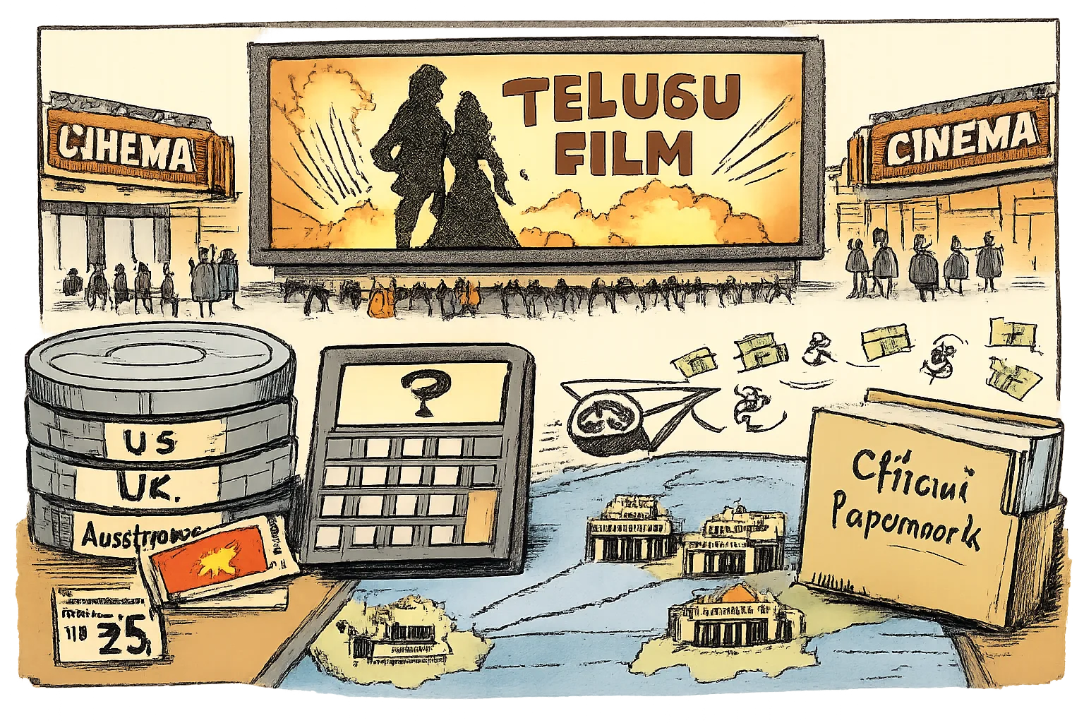 A film reel travels by paper aeroplane from Hyderabad toward overseas cinemas while an oversized calculator shows a question mark beside an empty official paperwork folder.