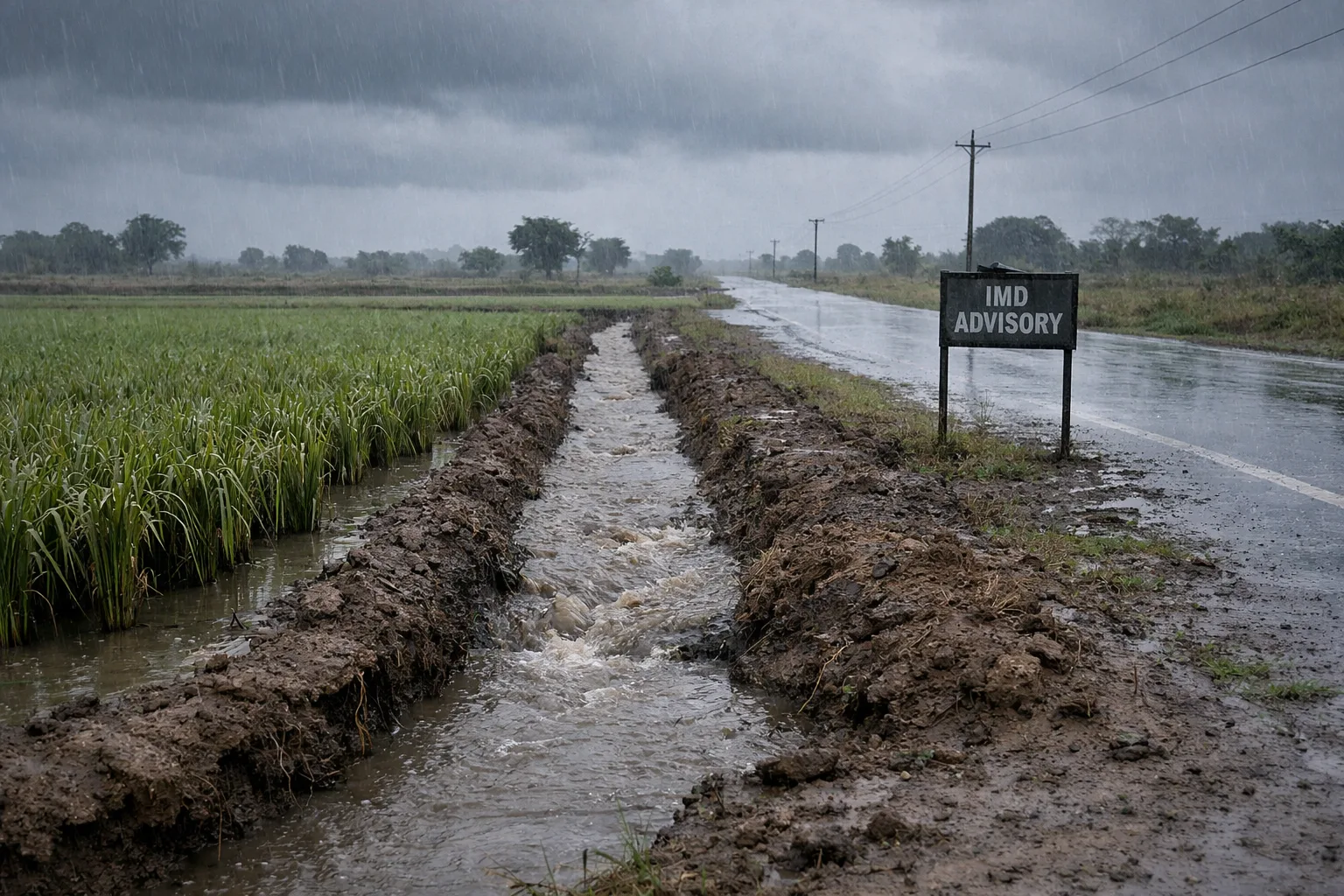 Rain falls over a Telangana crop field as excess water drains through a cleared channel beside a wet rural road.