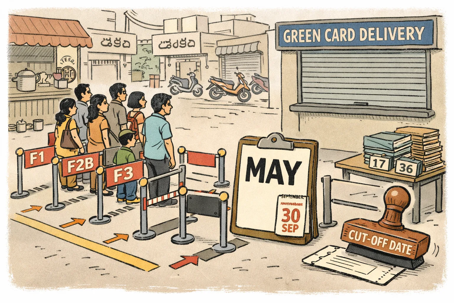 A cartoon queue outside a visa counter shows F1, F2B and F3 lanes moving slightly, while the F4 and EB-1 lanes remain blocked under a large “MAY” warning and a September calendar.