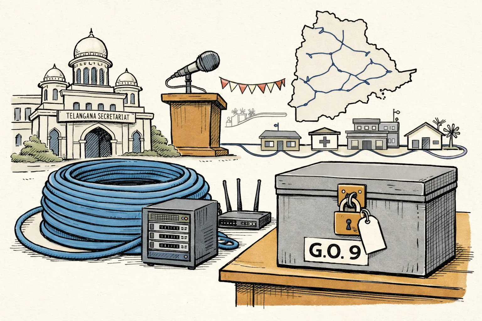 A Telangana government office sits beside a large fibre-optic cable spool, while a locked file marked with a small government-order label rests on a desk under a spotlight; a distant official-looking podium is draped in unused banners.