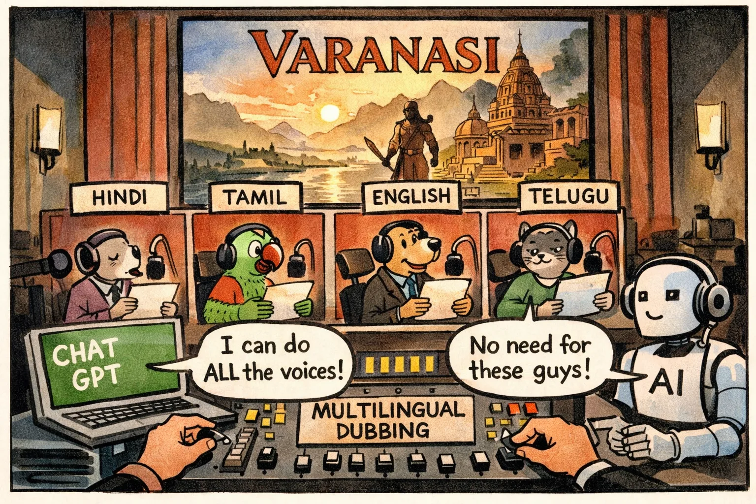 A cinema foyer display for Varanasi stands beside headphones, microphones and recording equipment, with a world map and a grand adventure landscape on the screen.