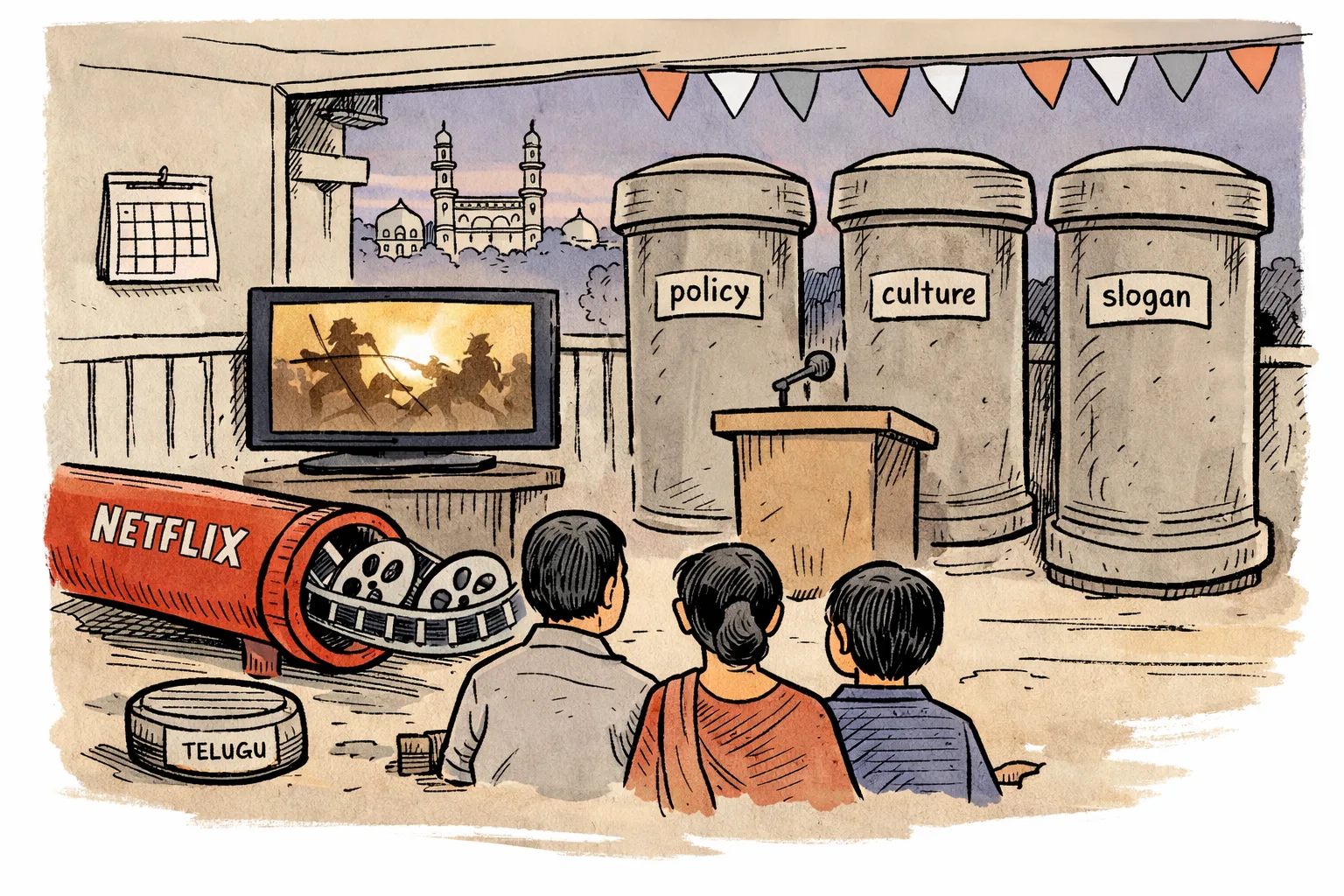 A working Netflix-labelled pipe carries South Indian film reels toward a television in a Hyderabad apartment, while three large capped government pipes stand dry beside an empty podium.