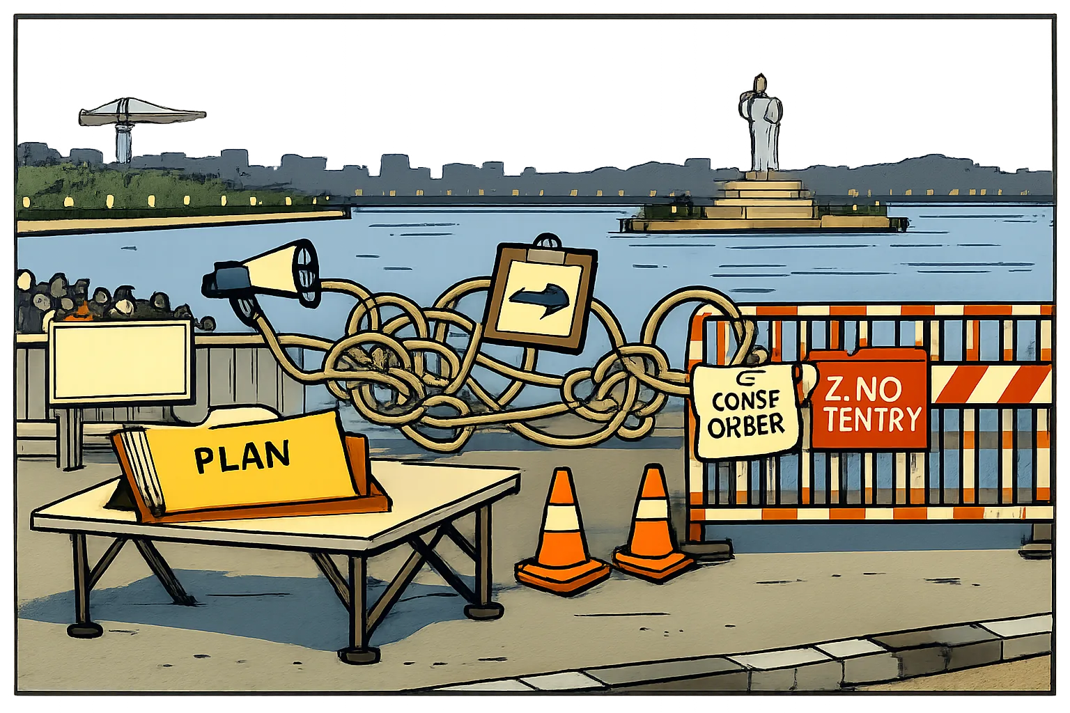 At Hyderabad’s Tank Bund, a barricade blocks a lakefront route beside an open planning file connected by tangled ropes to a police megaphone, a municipal clipboard and a court notice, with a crane and small waiting crowd in the background.