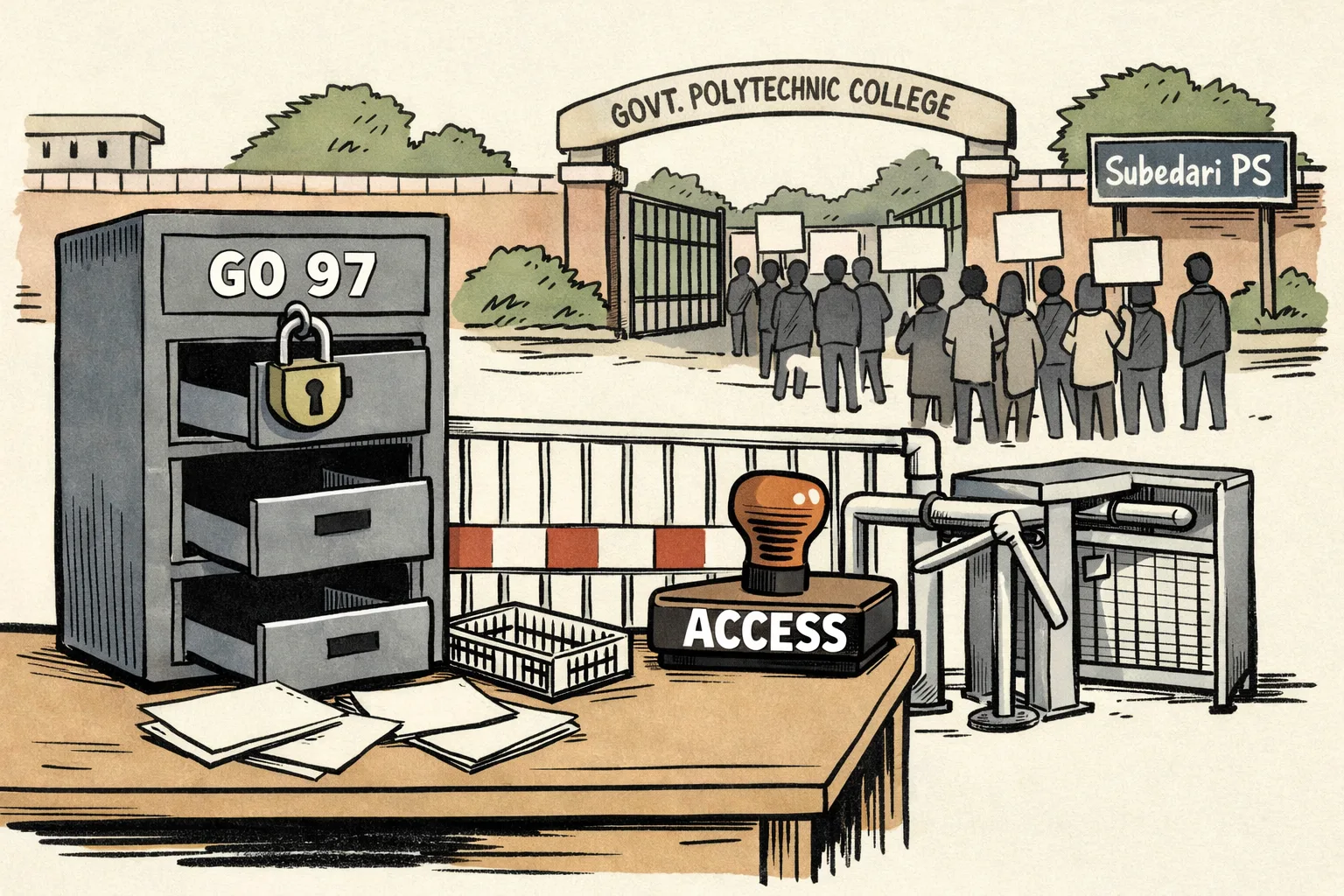 A cartoon outside a Warangal government polytechnic shows peaceful student silhouettes behind a gate, a barricade blocking visitors, and a locked filing cabinet marked GO 97 with empty drawers and missing folders.