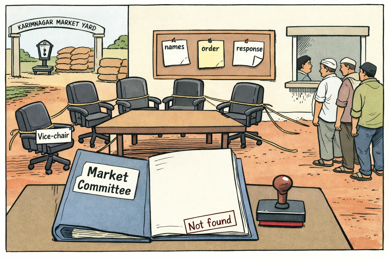 An open market committee file with a missing appointment order sits beside an empty committee table, while a vice-chair tagged chair is pulled away and people wait at a Karimnagar market office.