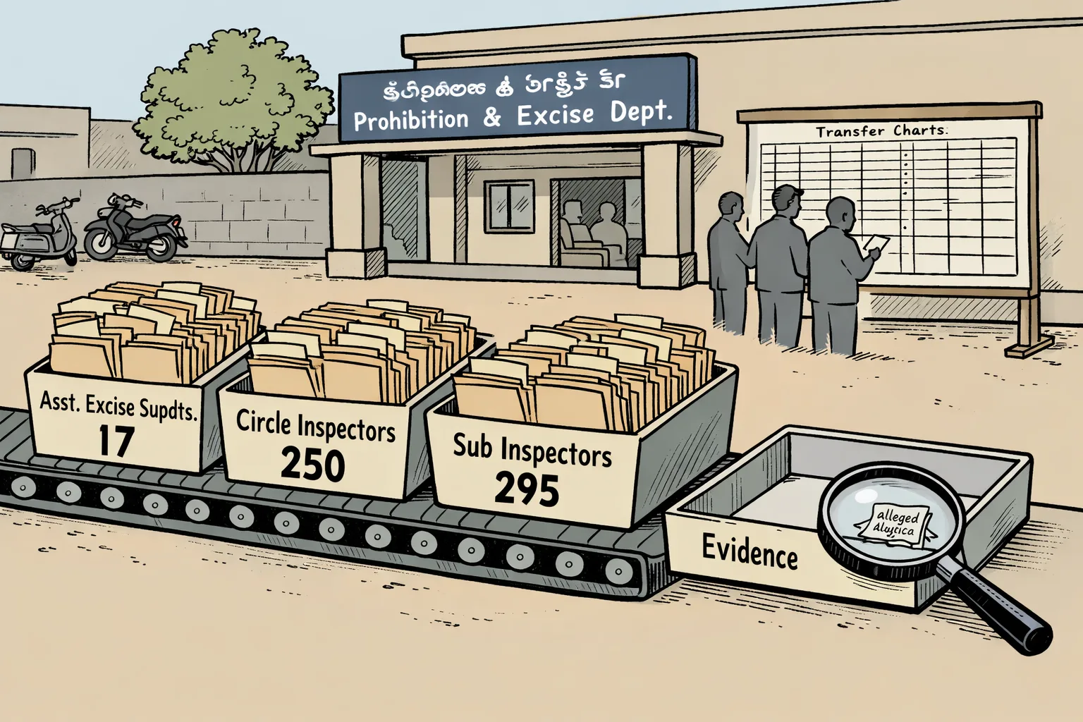 A cartoon outside a Telangana excise office shows a large pile of transfer files on one side and a tiny empty evidence tray with a newspaper receipt labelled as an alleged auction on the other.