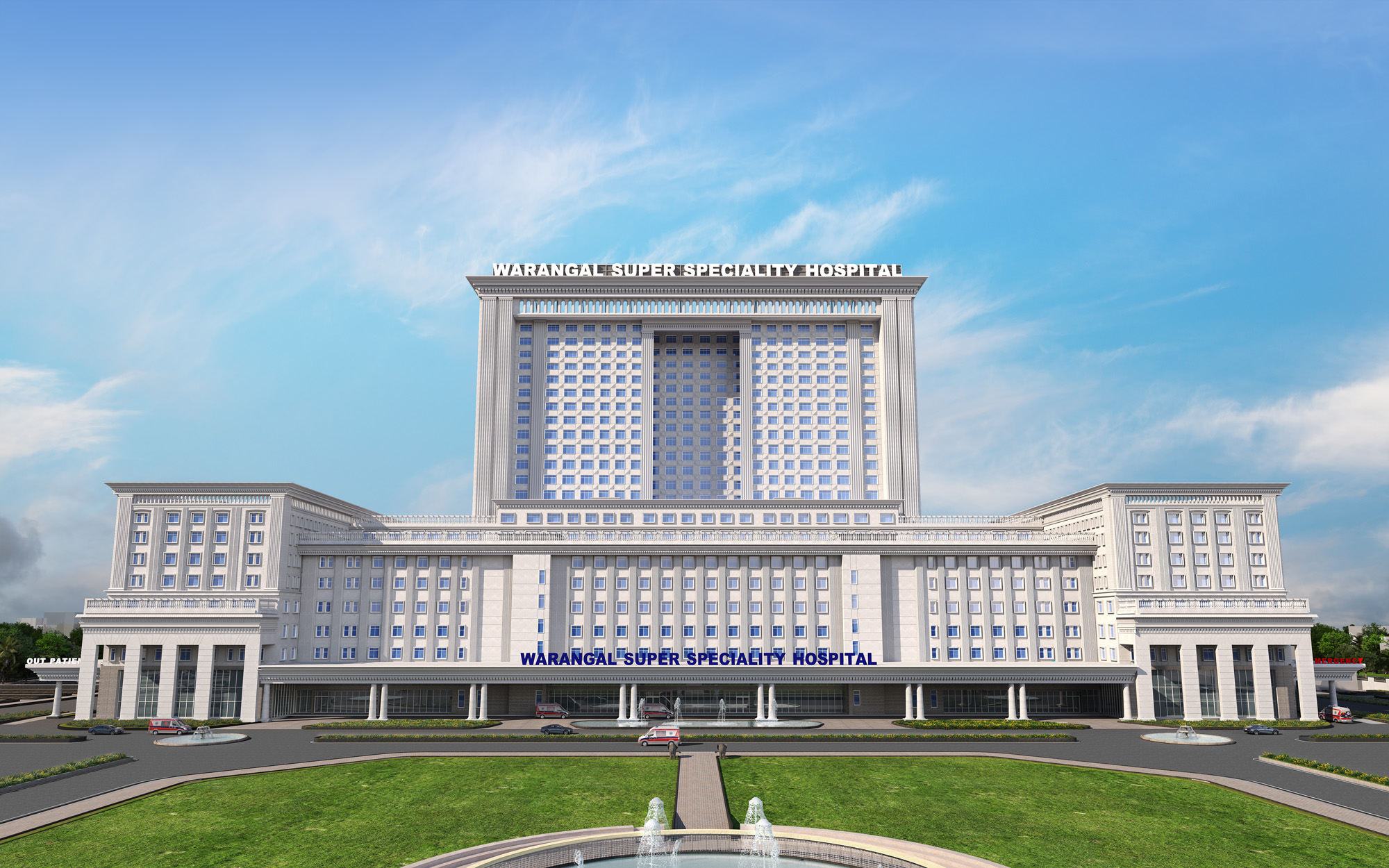 A wide, nearly finished hospital building in Warangal stands behind construction barriers, with rows of empty hospital beds visible through its glass entrance and workers completing the last section of the facade.