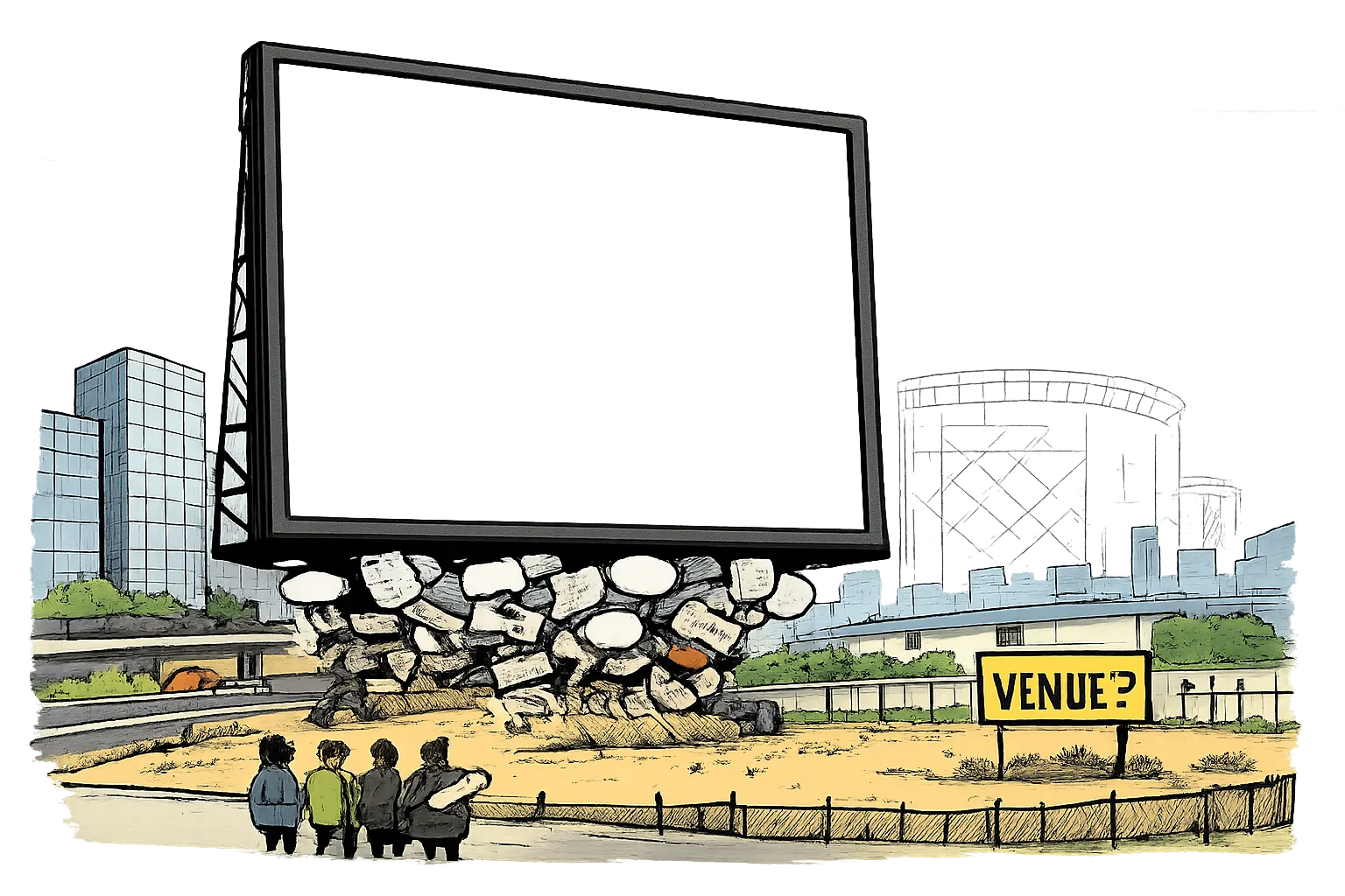 A huge blank cinema screen frame towers over a small empty fenced plot near Hyderabad office towers, resting on newspaper clippings and speech bubbles, with a tiny sign reading 'VENUE?'.