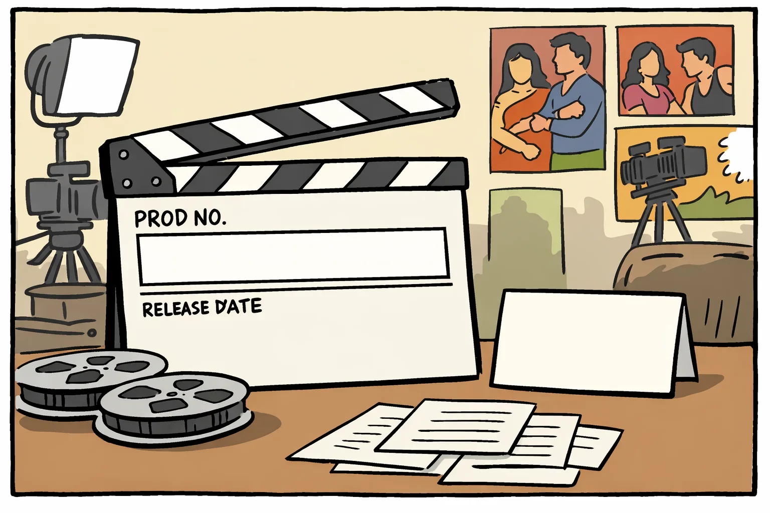 A film-production desk with a blank project clapboard, empty title and release-date spaces, reels and camera equipment under studio lights.