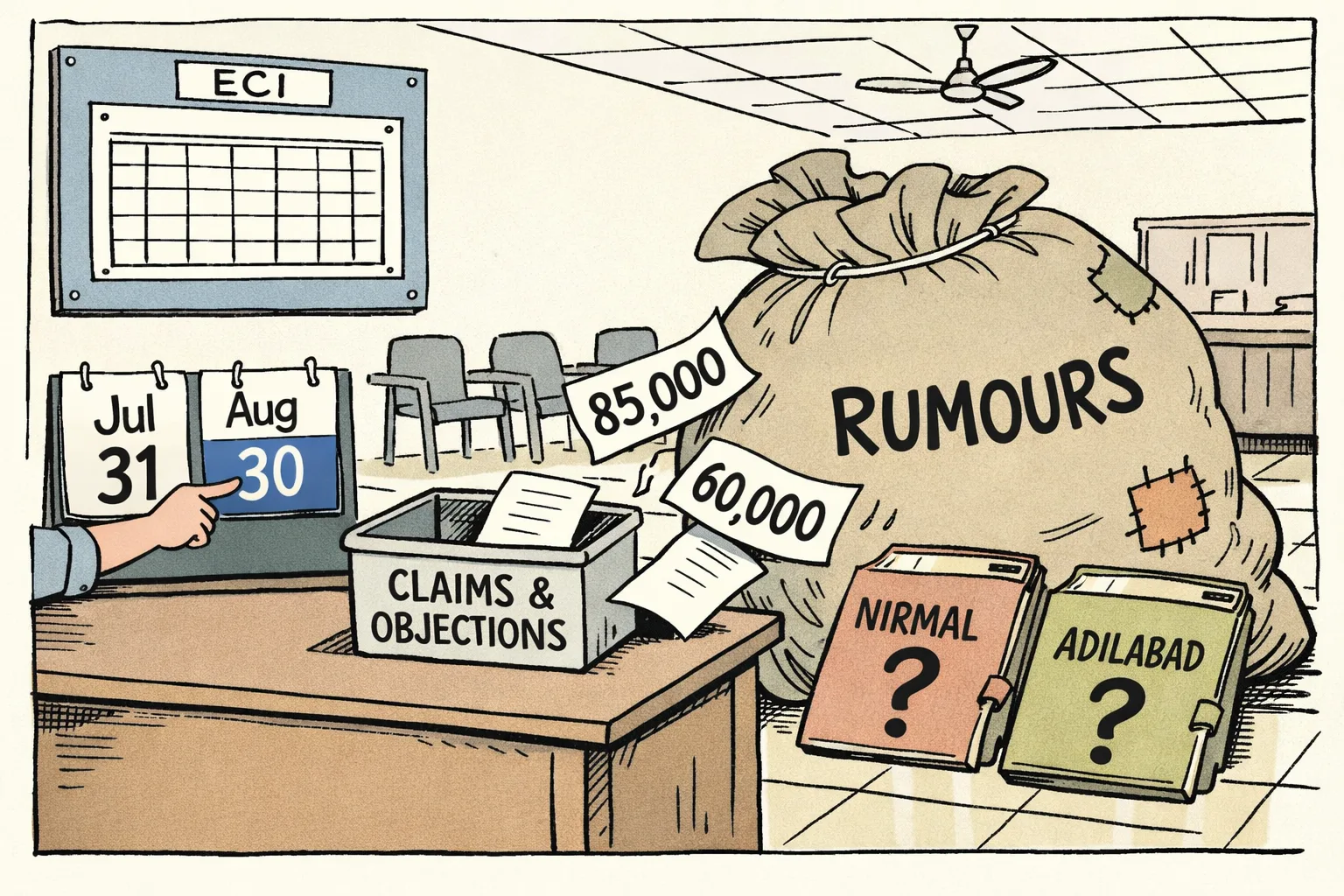 A Telangana electoral-roll desk shows a neat ECI calendar beside a large leaking sack marked “rumours”; loose numbers spill toward two district files labelled Nirmal and Adilabad, while a voter places a claims form into an official box.