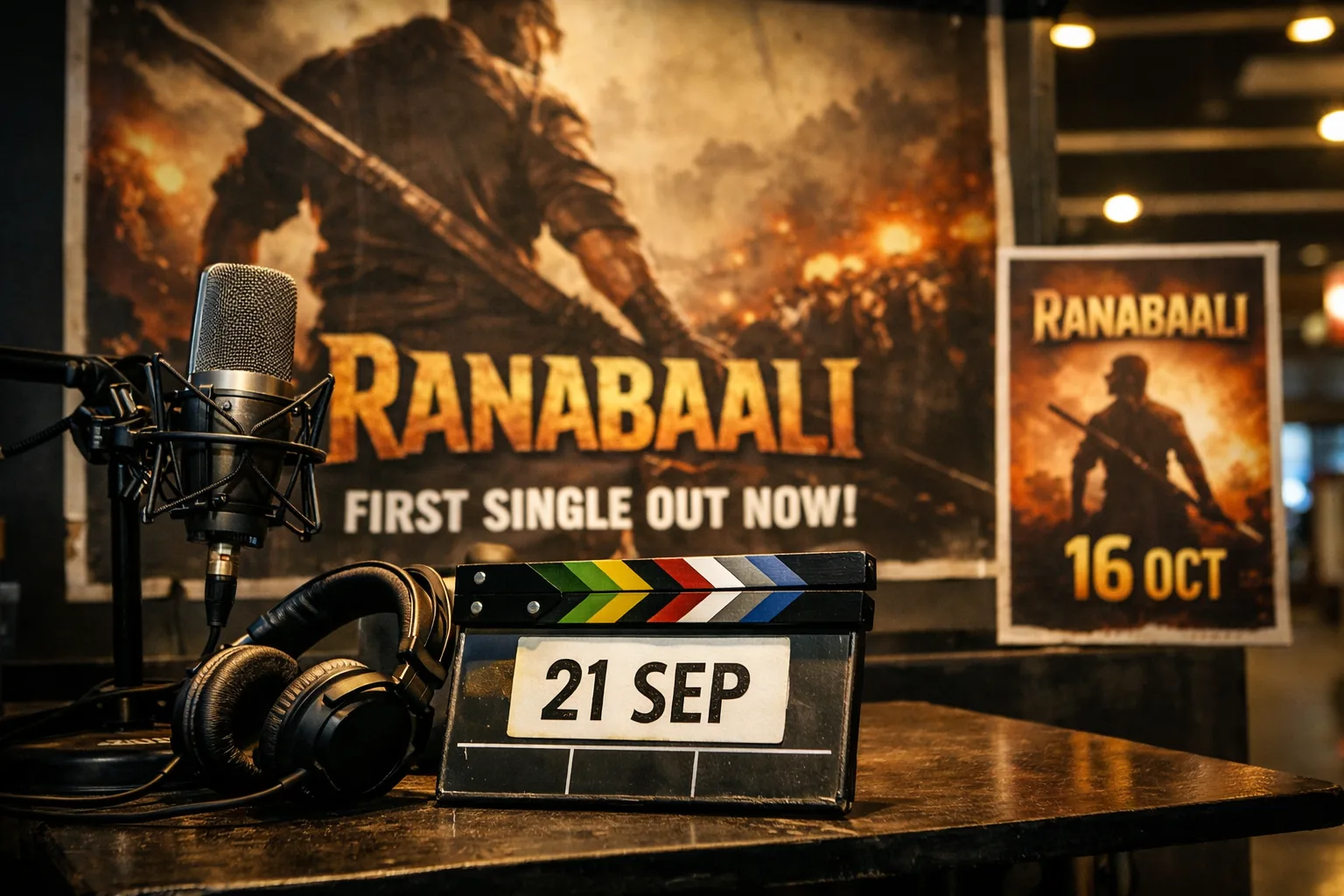 A Hyderabad cinema publicity wall shows a Ranabaali poster beside a microphone, headphones and release-date cards marked 21 September and 16 October.
