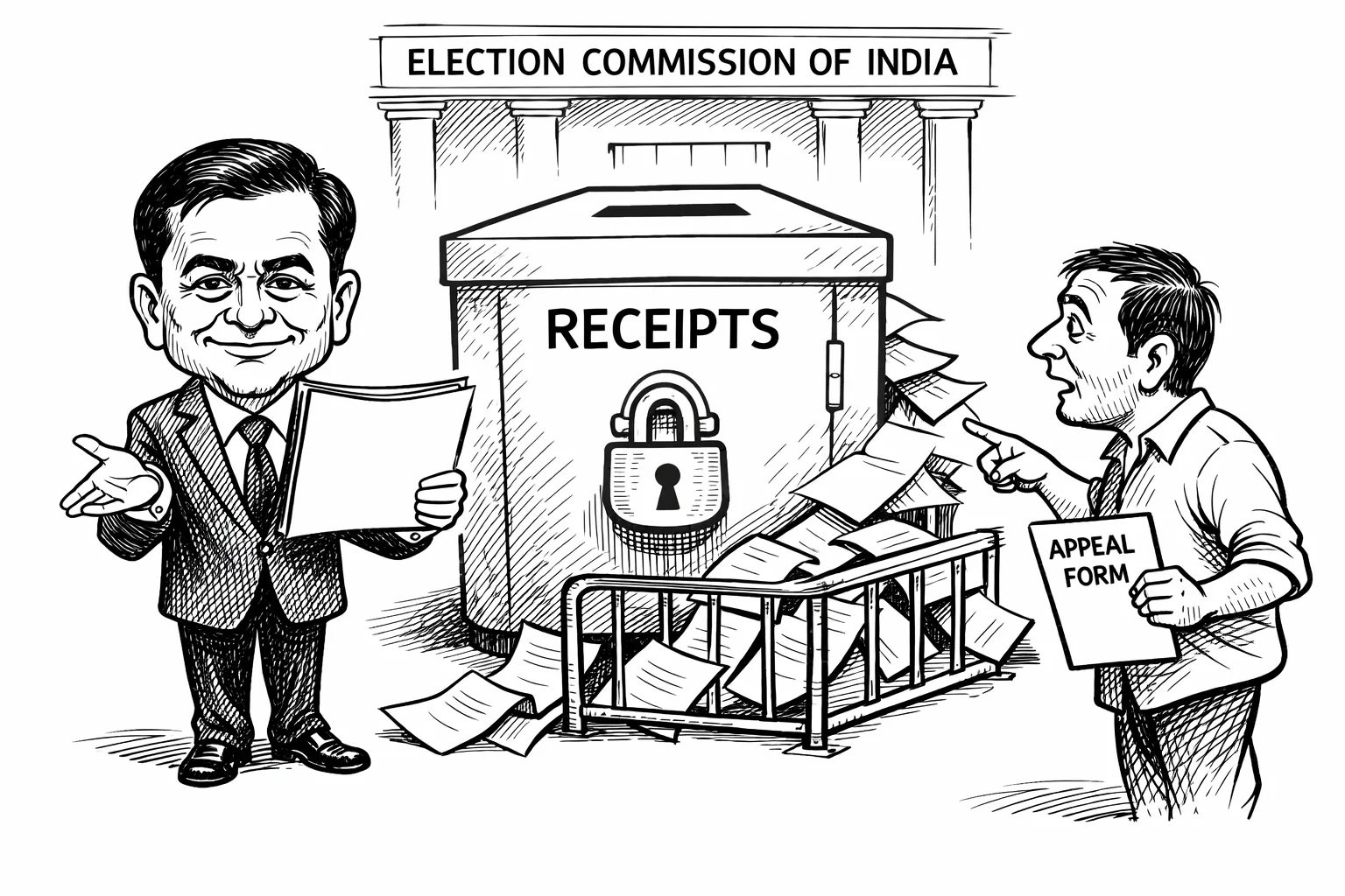 The Election Commission chief holds up an empty folder beside a locked records cupboard marked 'RECEIPTS', while a voter points to an appeal form and papers escaping around a barricade.