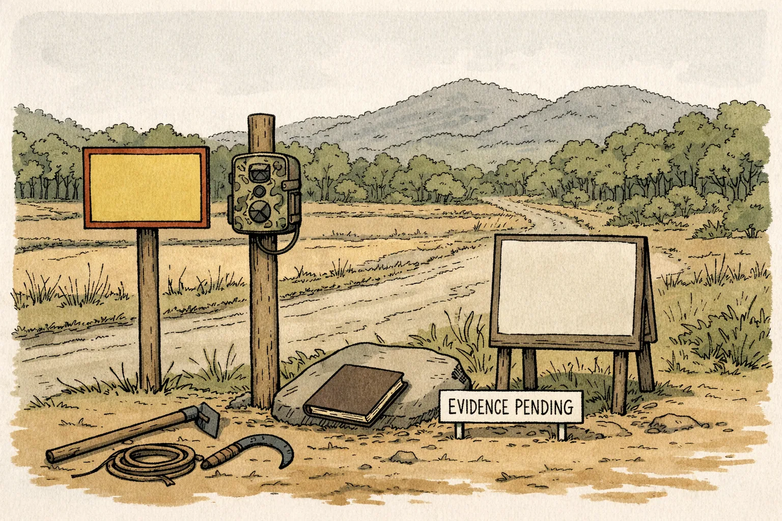 A quiet Telangana forest-edge road beside farm fields, with a camera trap on a post, an empty evidence board, and a closed forest department file marked with a paw print.