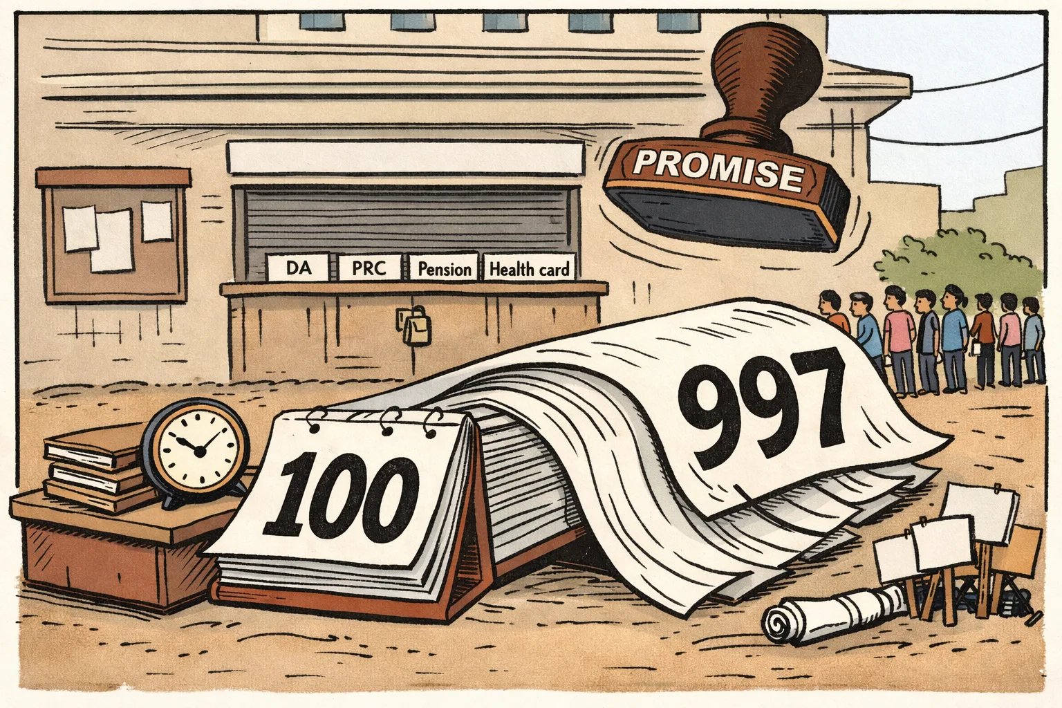 A giant calendar outside a Telangana government office stretches from day 100 toward day 997, while a promise stamp hovers over locked service counters and a small queue waits nearby.