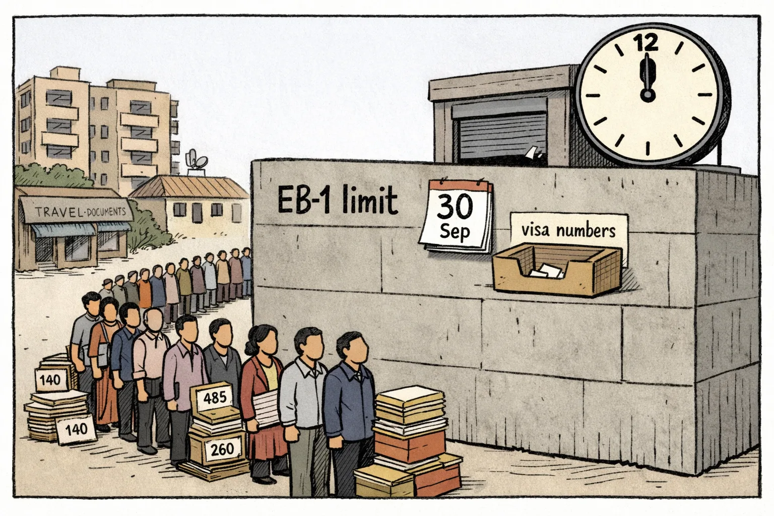 A long queue of faceless visa applicants and paperwork approaches a tall wall labelled EB-1 limit, beside an almost empty box of visa numbers and a calendar marked 30 Sep.