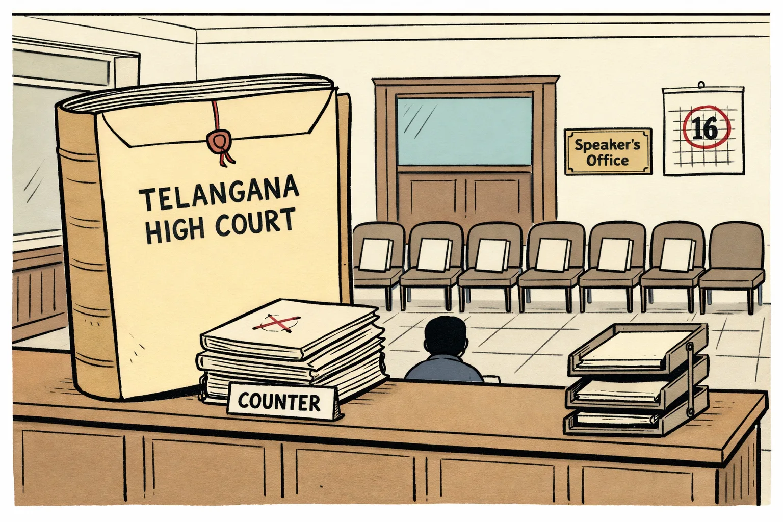 A Telangana Assembly Speaker’s office sits behind a counter piled with large disqualification petitions, while seven identical MLA chairs wait beneath a court notice pinned to a wall; a High Court file marked “counter” is being delivered through a narrow window.