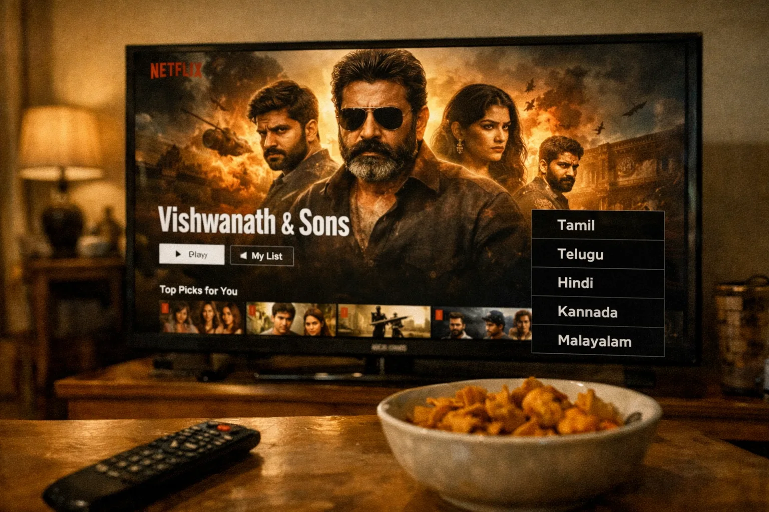 A laptop displays a Netflix landing page for Vishwanath & Sons beside a remote control in a living room, with a five-language menu visible.