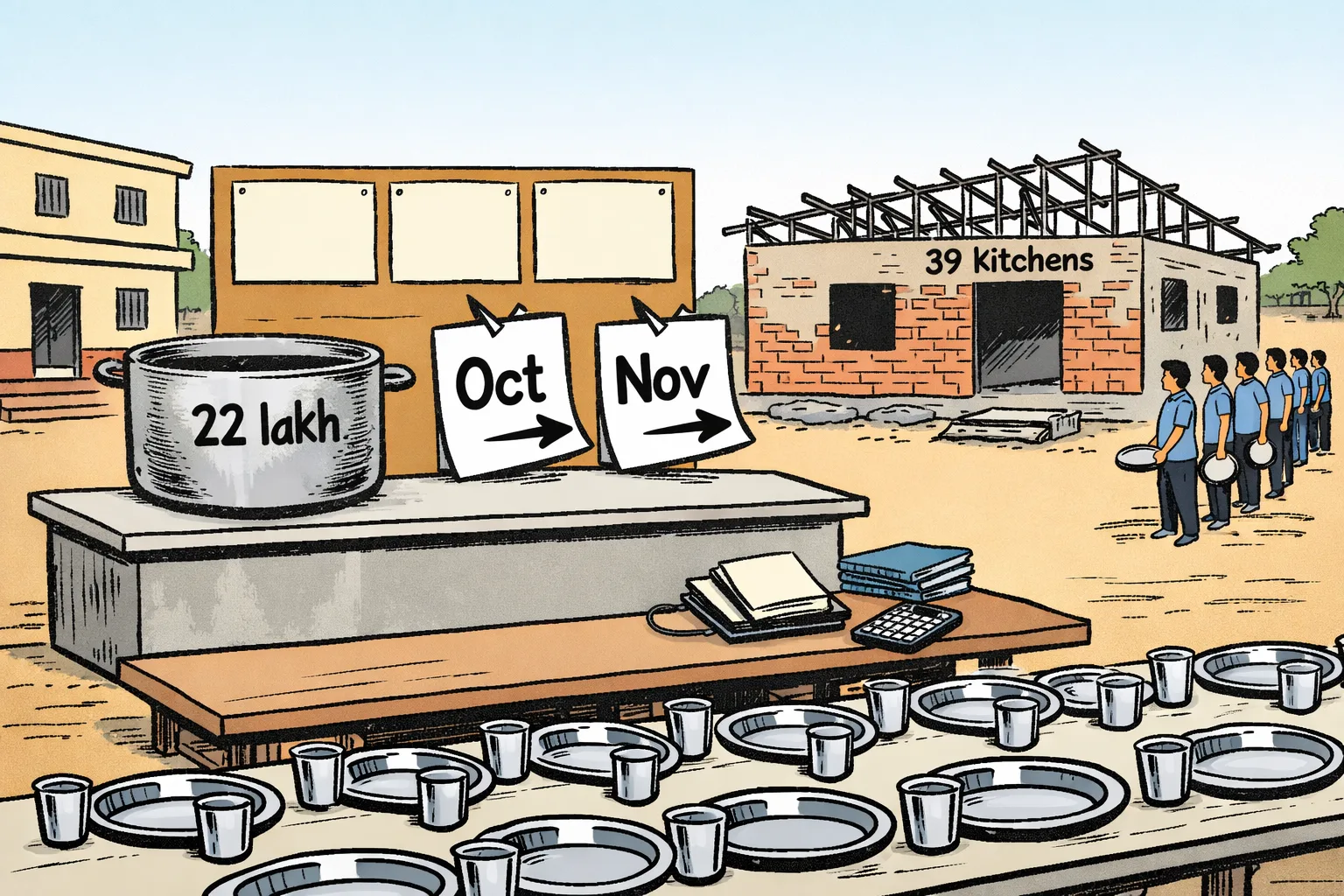 A large breakfast pot marked 22 lakh stands beside two conflicting calendar pages, while an unfinished community kitchen and an empty document noticeboard sit behind a school dining table.