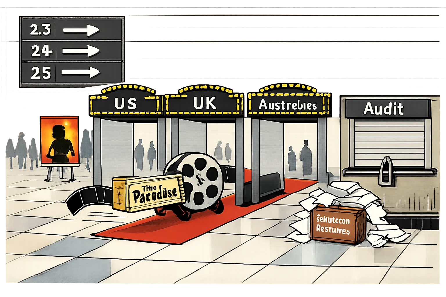 A film reel and cinema tickets pass through three international airport gates while a suitcase labelled audited receipts remains stuck at a paperwork-filled audit counter; a board shows conflicting dates.