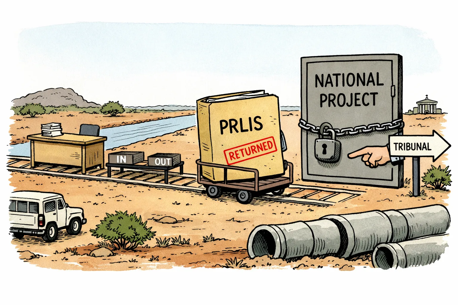 A large irrigation project file marked “PRLIS” sits outside a shut government door, while a pointing hand directs attention to a distant courtroom sign; pipes and a Telangana landscape appear behind it.