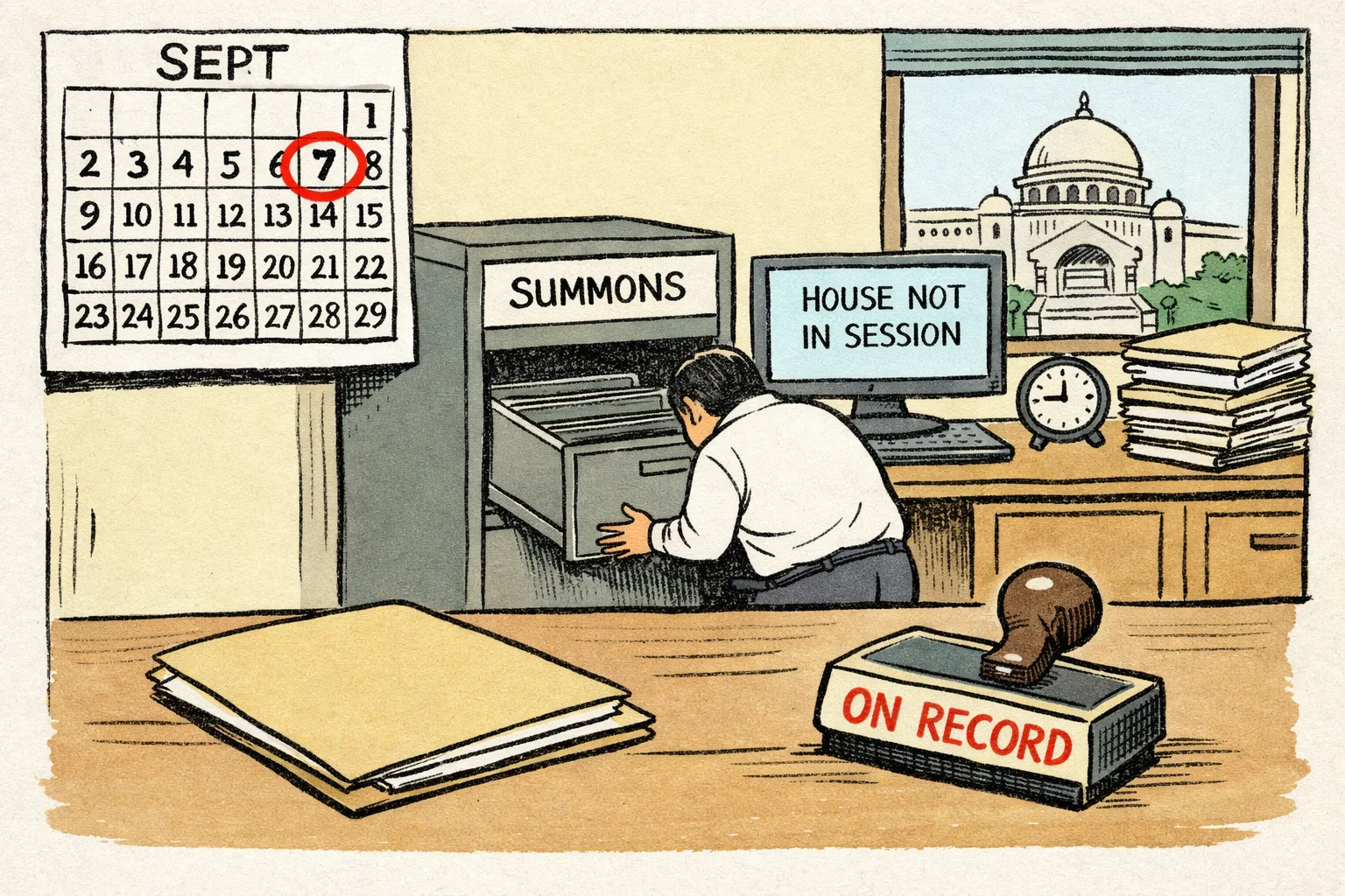 A Telangana Secretariat records room shows a wall calendar marked September 7 beside an empty cabinet labelled summons, a blank file and an unused official stamp; a monitor reads House Not In Session.