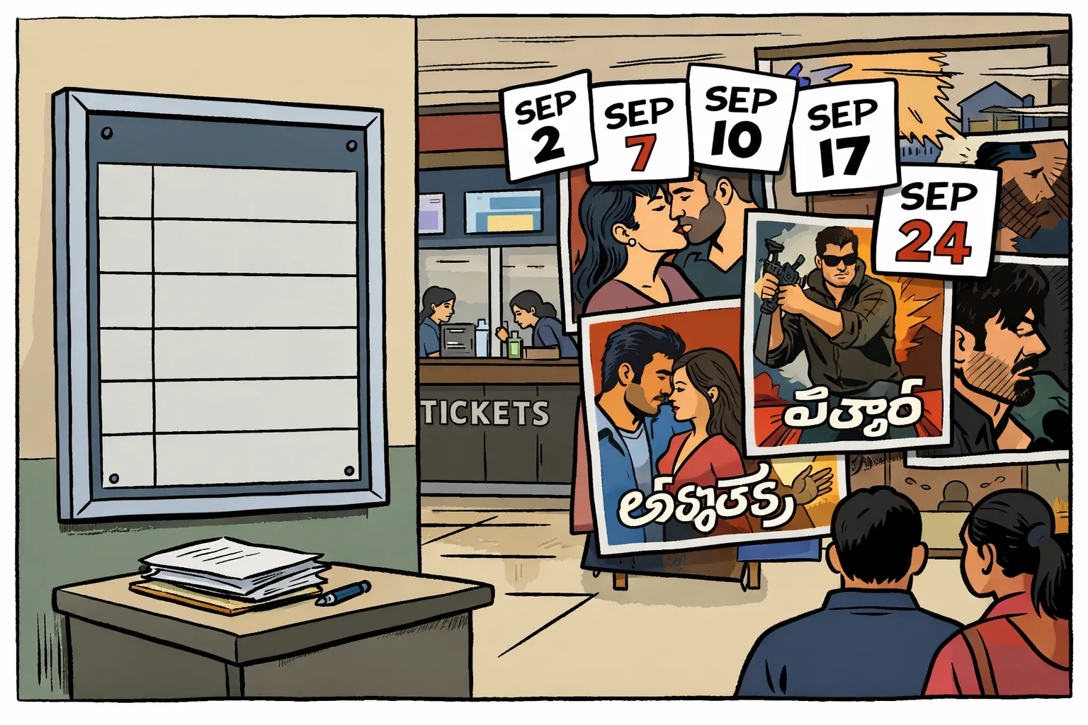 A Hyderabad cinema lobby has a wall crowded with generic Telugu film posters and September date cards, while a nearby scheduling board has mostly blank slots beside cinema paperwork.