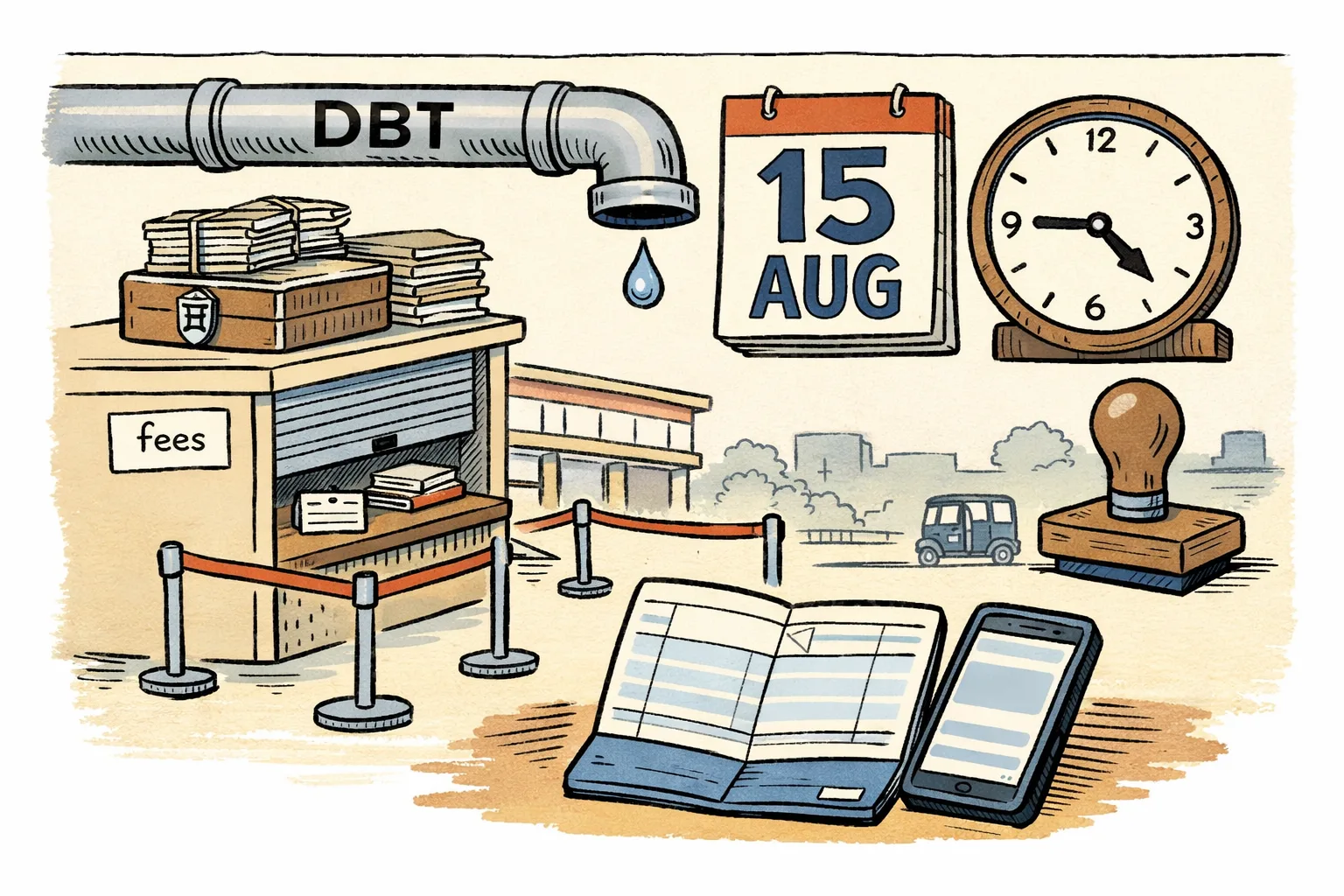 A Telangana college fee counter displays a large calendar marked August 15, while an empty pipe labelled DBT ends above a student’s bank passbook; files and court papers sit on a government desk behind it.
