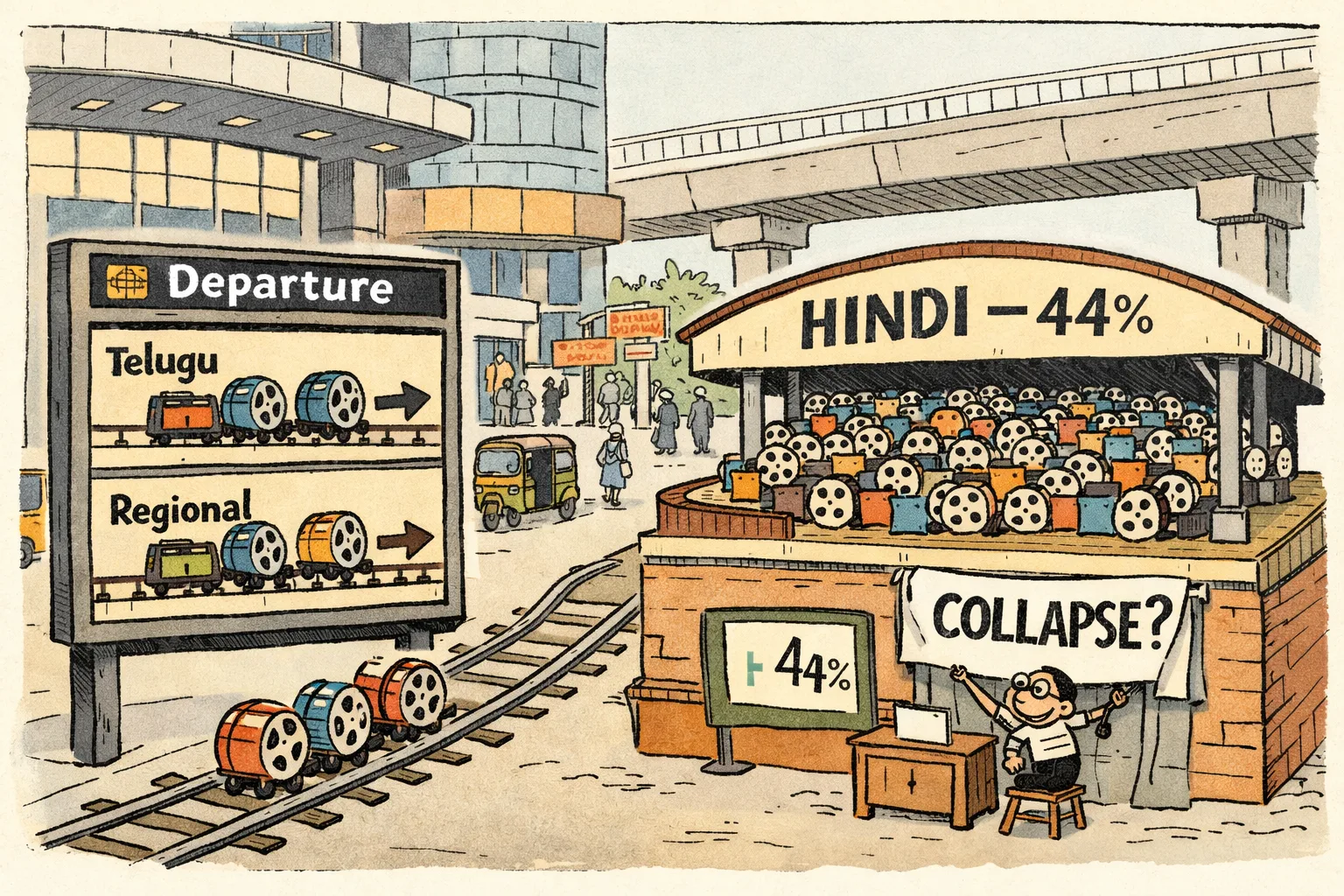 At a Hyderabad multiplex imagined as a railway station, small Telugu and regional film trains travel along outward tracks while a much larger Hindi platform marked 44% remains occupied; a clerk pulls down a banner asking whether Hindi has collapsed.