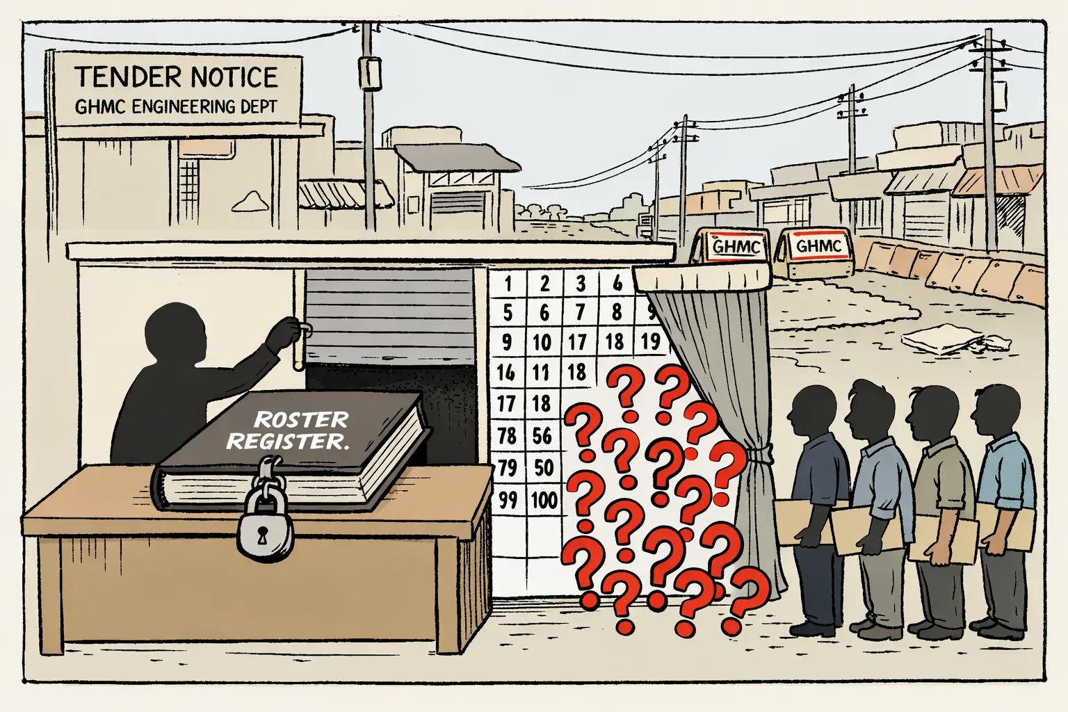 A locked ledger marked “ROSTER REGISTER” sits beside a 100-slot tender chart with obscured category markings and question marks, while contractors wait outside a GHMC-style office near a Hyderabad road.