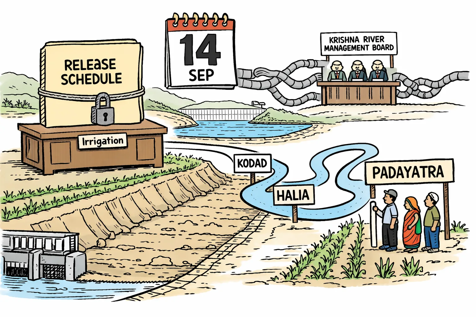 A dry Nagarjuna Sagar canal and struggling crop rows sit beneath a large September 14 calendar, while a sealed irrigation file and a Kodad-to-Halia route map wait beside the canal.