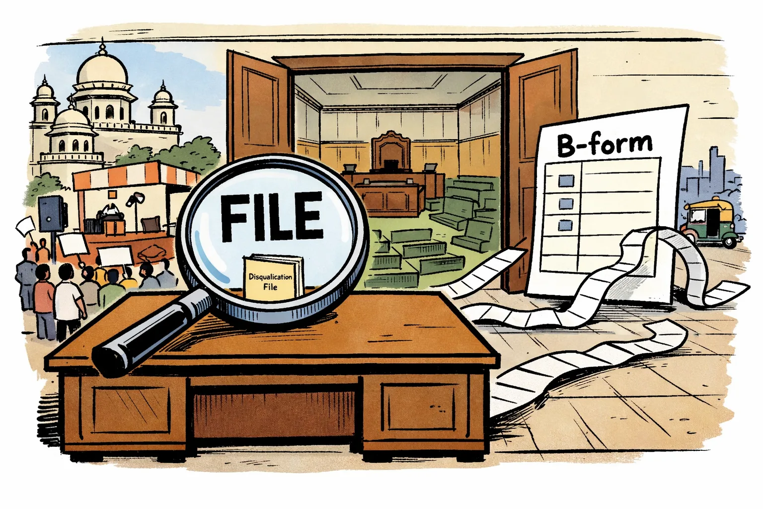 A Telangana Legislative Assembly Speaker’s desk holds a tiny open file marked with a generic document tab, while outside the Assembly building a large stage, campaign posters without party symbols, and a ballot form visibly show a political switch; a magnifying glass points only into the empty file.