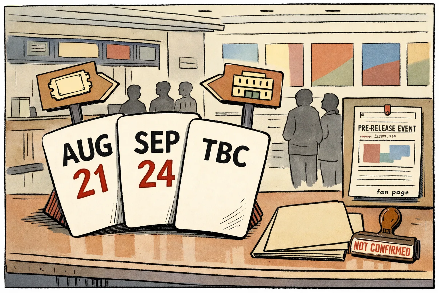 A cinema calendar in a Hyderabad theatre lobby shows August 21 and September 24 on competing cards, while a fan-made website page is pinned beside conflicting ticket listings.