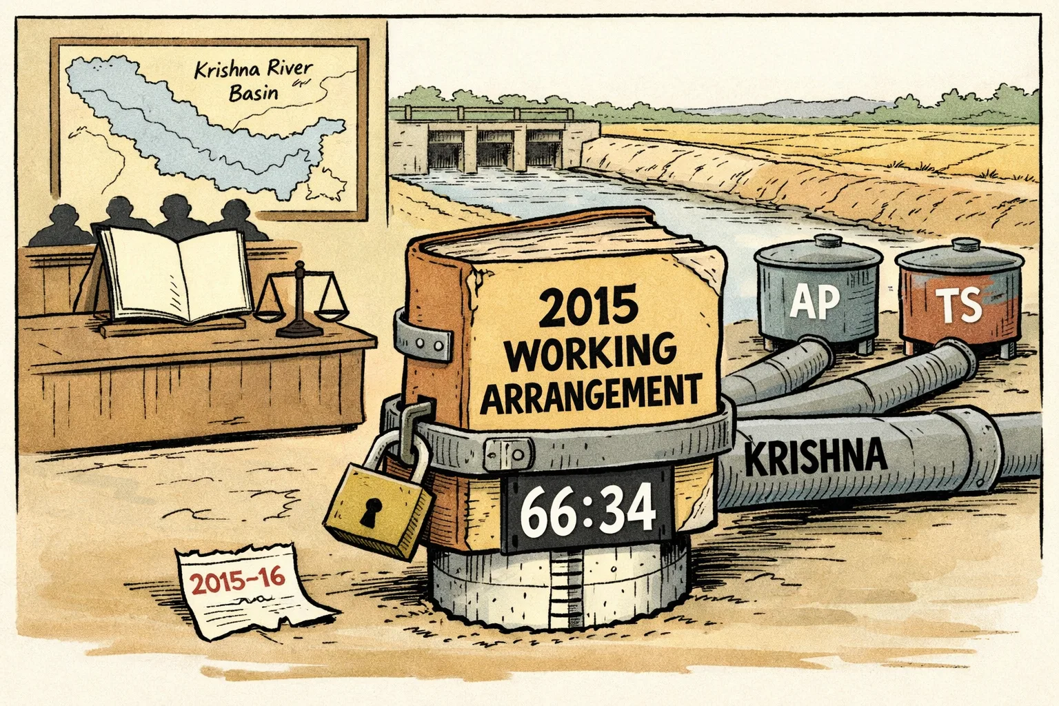 A large file labelled “2015 working arrangement” is being bolted to a Krishna River water gauge marked 66:34, while a tribunal desk, basin map and two state water tanks wait nearby; an upstream valve in the background is partly closed.