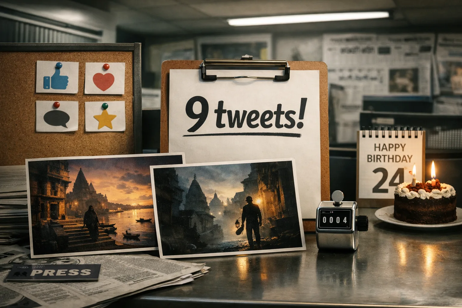 A cinema publicity desk displays two dramatic Varanasi film stills beside a clipboard promising nine social-media reactions, while only four reaction cards are pinned up and a large counter reads four.