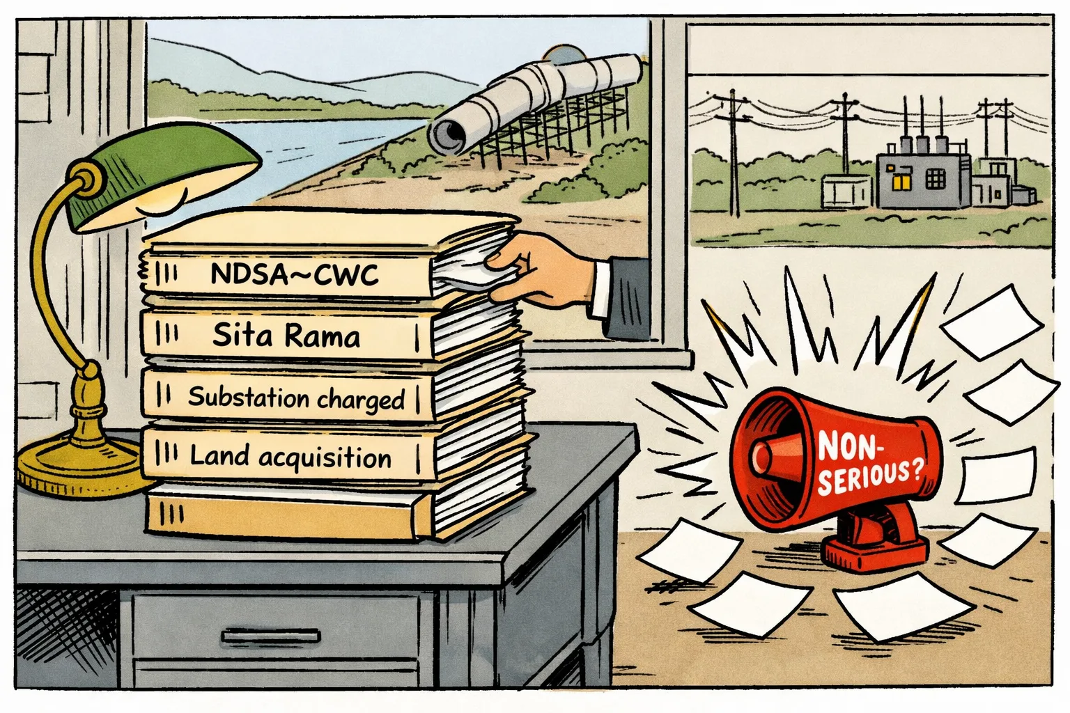 A loudspeaker marked “NON-SERIOUS?” sits beside a large stack of Telangana irrigation inspection and project files, while a canal, pipeline and power substation appear outside a records room window.