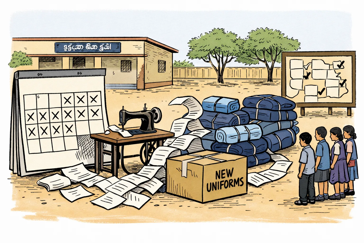 A Telangana government-school calendar shows more than 50 days elapsed while a sealed parcel marked for new uniforms sits on a stalled sewing machine; children wait nearby in faded old uniforms, with rolls of light-blue and navy-blue cloth piled behind them.