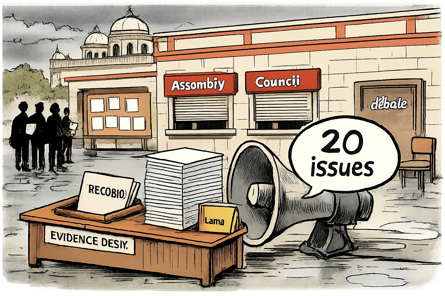 A giant loudspeaker labelled “20 issues” towers over a thin file labelled “RECORD” outside Telangana’s Assembly and Council, where shuttered debate counters and blank motion papers sit on wet paving.