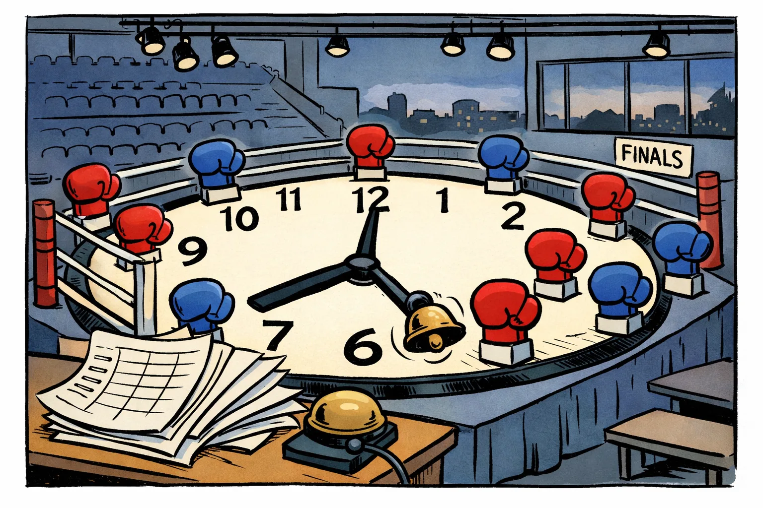 A newspaper cartoon shows a giant boxing ring shaped like a clock, with ten pairs of empty gloves queued at different time markers while a small timetable on a ringside desk slides sideways.