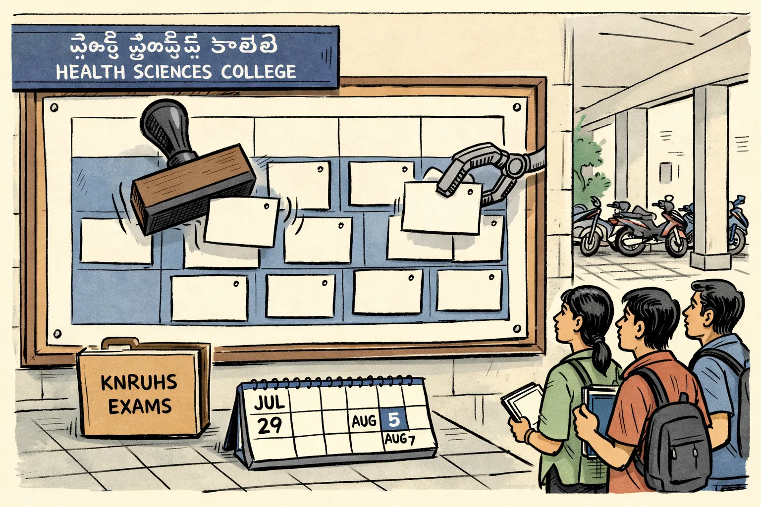 A Telangana college noticeboard displays a large exam timetable sheet with several date slips being rearranged by an oversized official rubber stamp, while anxious but featureless students stand nearby holding notebooks and calendars.