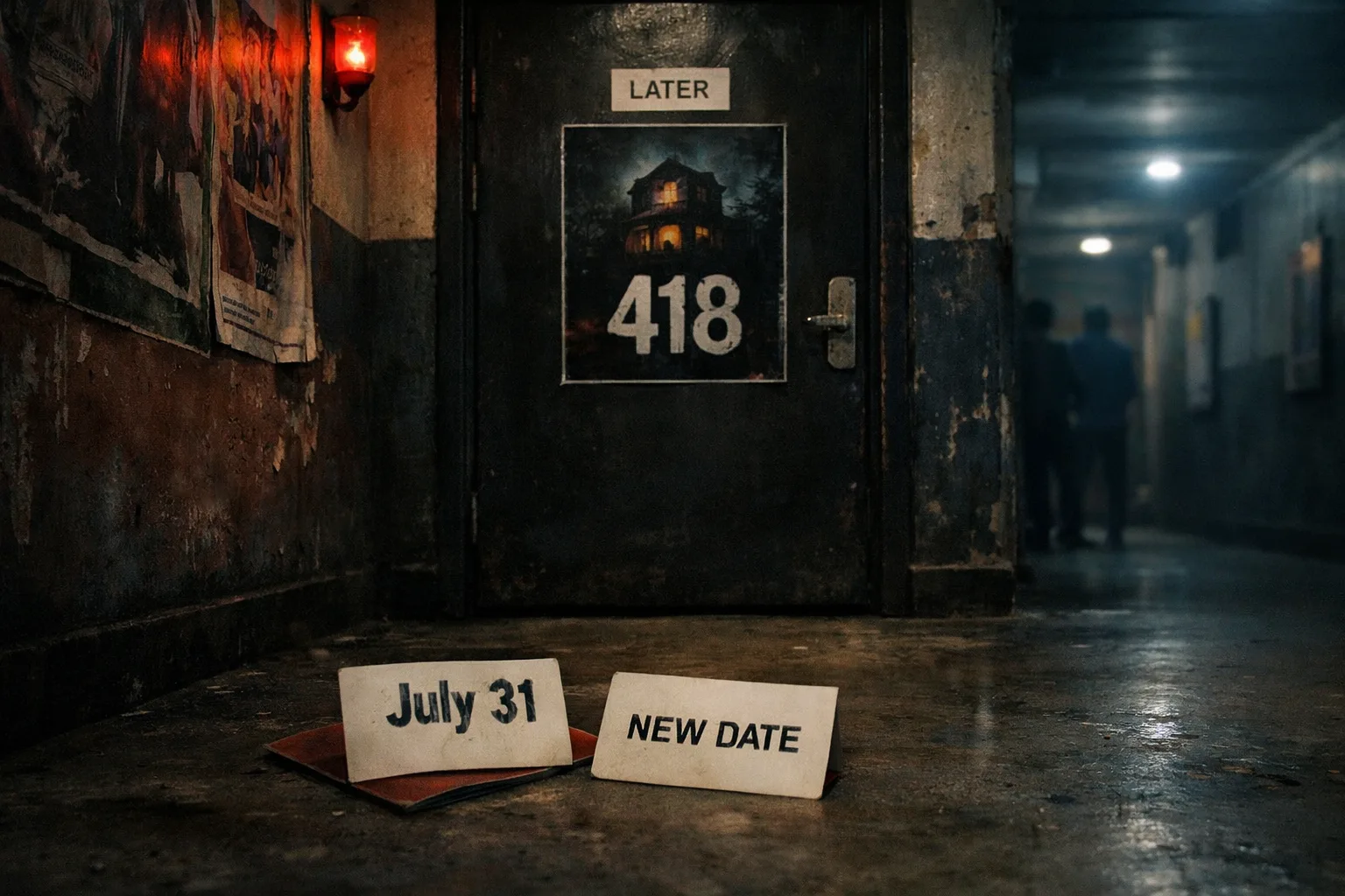 A cinema poster for ‘418’ hangs on a locked, ominous door in a Hyderabad theatre corridor, while a small calendar marked July 31 lies on the floor and a blank release-date card waits beside it.
