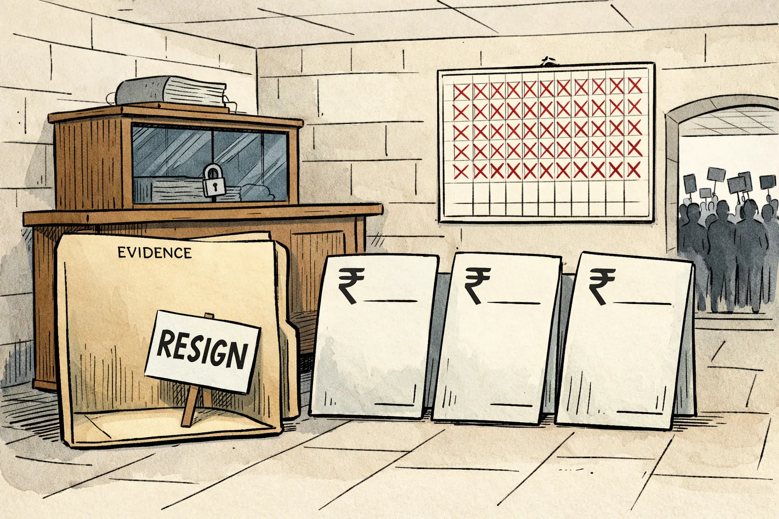 An empty folder marked evidence sits beside conflicting bills and a protest placard, while a locked attendance register rests on a shelf in a Telangana government-office corridor.