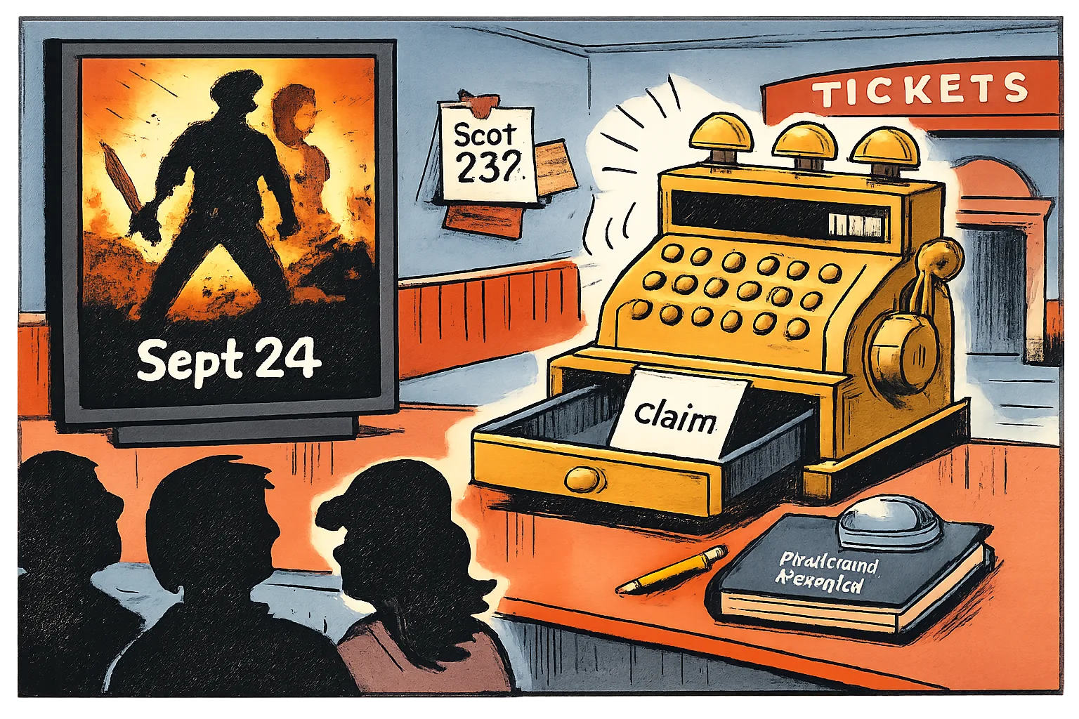 A cinema booking kiosk announces a Telugu film while a ringing cash register holds only a blank receipt and an unopened audited-record ledger waits nearby.