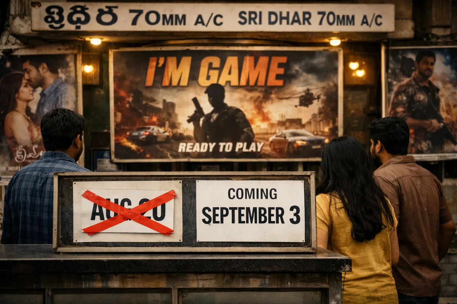 A Hyderabad cinema entrance displays promotional material for I’m Game beside a calendar notice showing September 3, with indistinct moviegoers nearby.