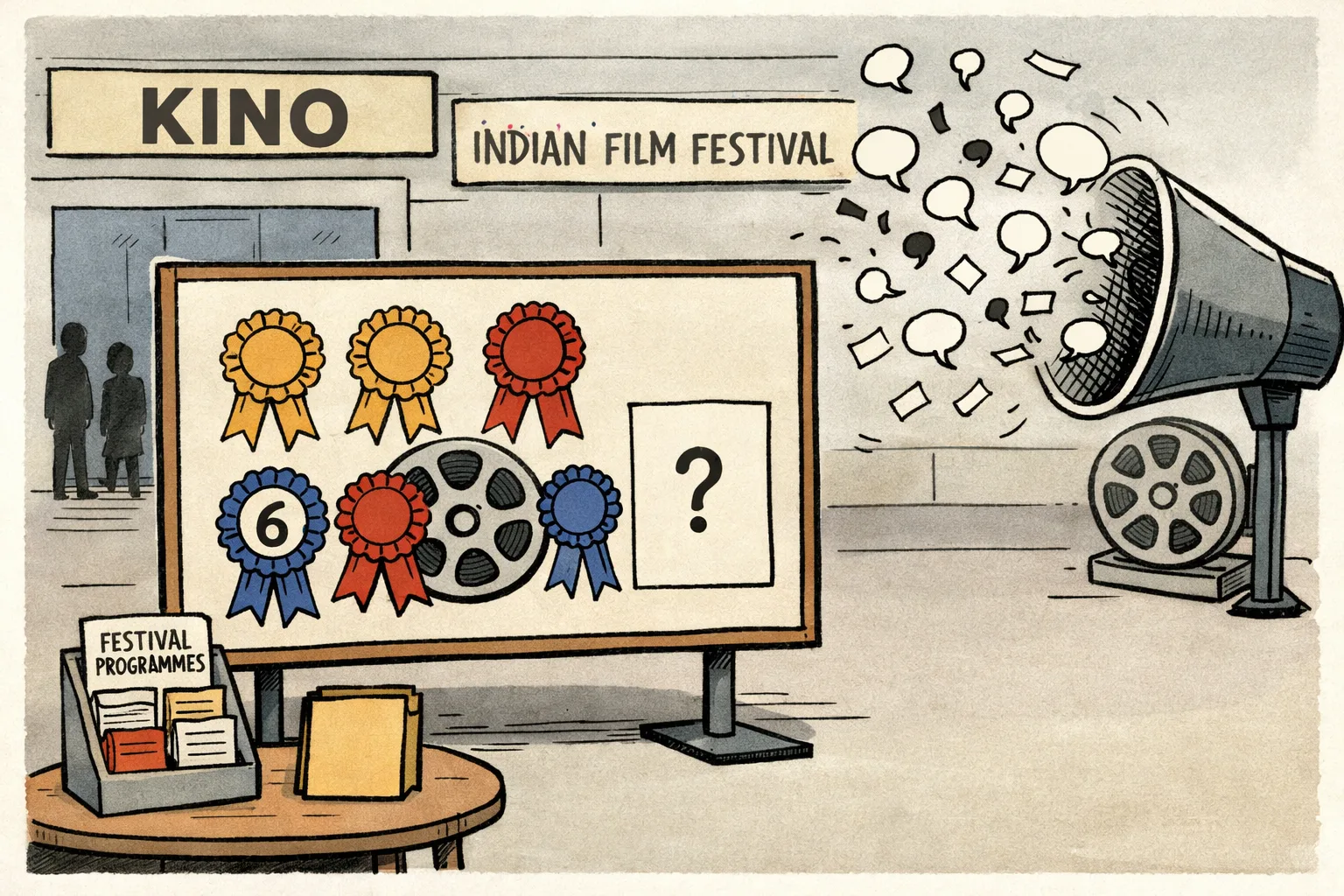 A hand-drawn festival noticeboard in Stuttgart displays six award ribbons around a film reel, while a separate empty slot labelled “Telugu?” sits beside an oversized megaphone producing the word “Confirmed?”