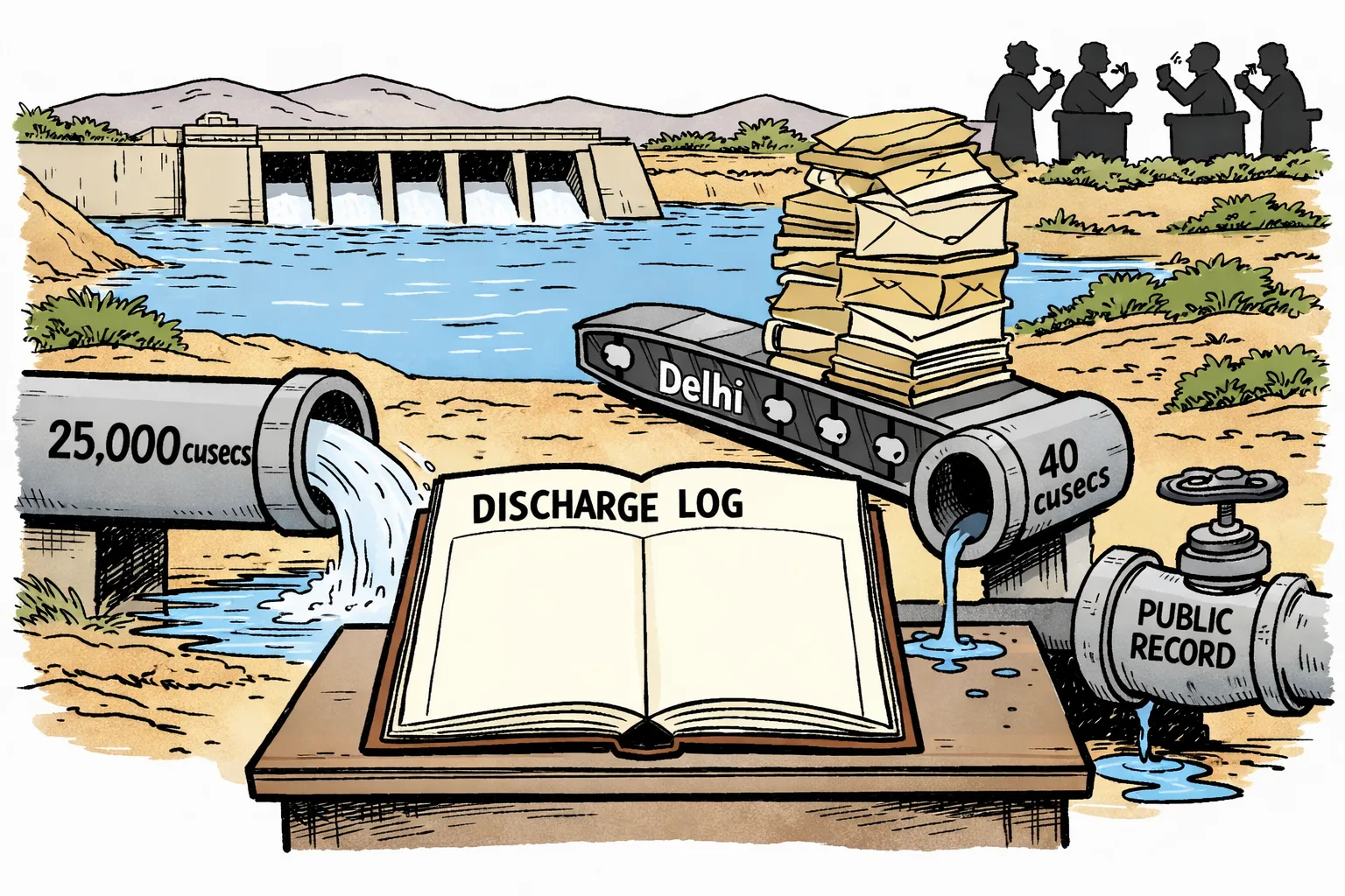 A cartoon irrigation canal is fed by two pipes marked with different flow claims, beside an open blank discharge log and files moving towards Delhi.
