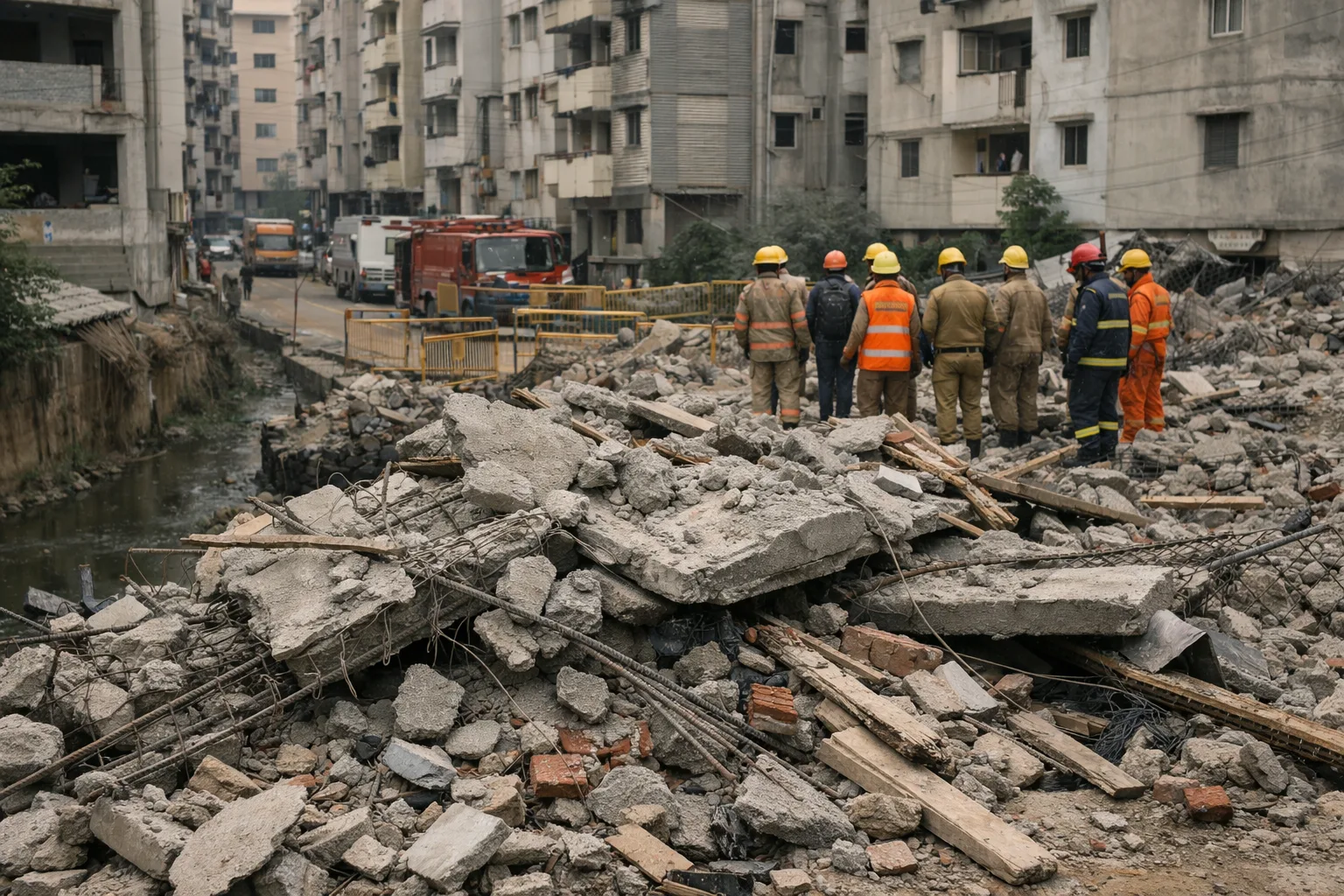 Rescue personnel and emergency vehicles stand beside the rubble of a collapsed under-construction building in a narrow Anjaiah Nagar lane, with adjoining apartment buildings behind them.
