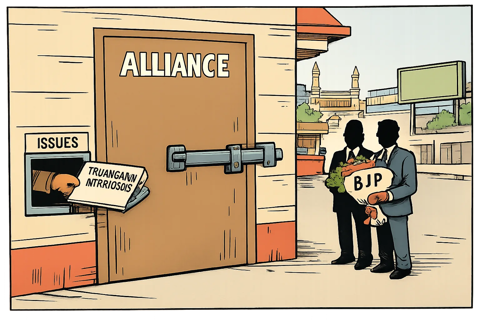 A Telangana political office has a large door marked “ALLIANCE” shut against two generic figures holding a BJP-labelled bouquet, while a smaller hatch marked “ISSUES” remains open for a document labelled “TELANGANA INTERESTS”.