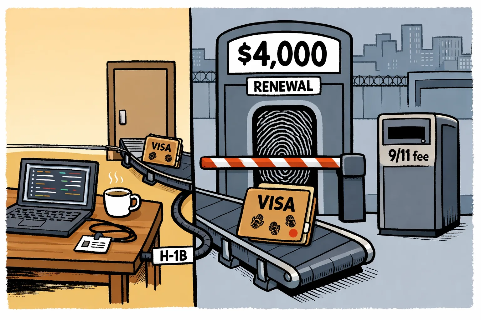A renewal counter in a generic American office shows an oversized $4,000 bill beside a neatly stamped visa file, while a long cable from a Hyderabad software desk runs into the counter and ends at a locked gate marked with a small biometric scanner.