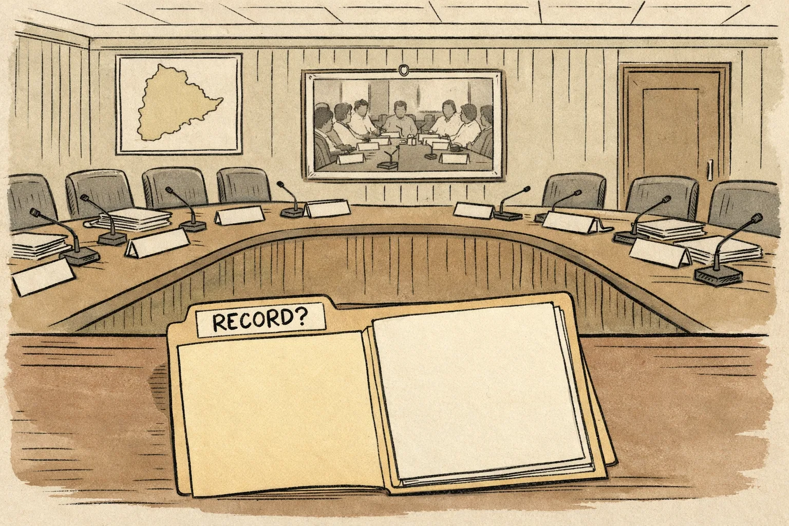 A muted drawing of a U-shaped government meeting table with indistinct officials in an official photograph, while an open blank file marked “RECORD?” lies in the foreground.